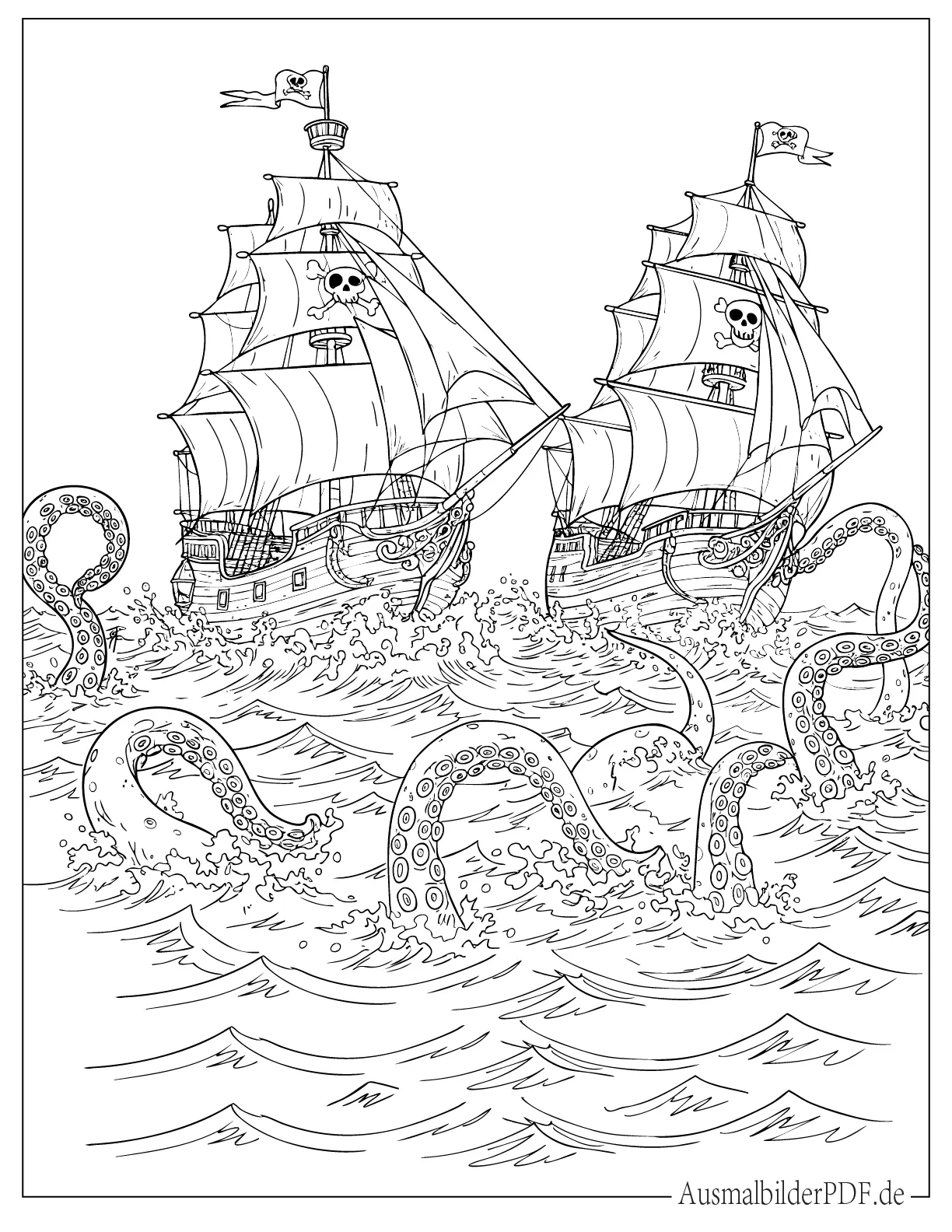 Piratenschiff mit Meeresmonster zum Ausmalen