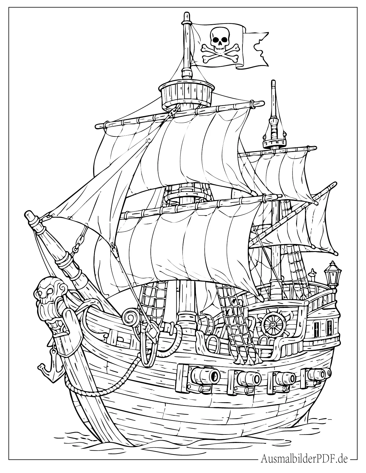 Piratenschiff mit mehreren Kanonen Ausmalvorlage