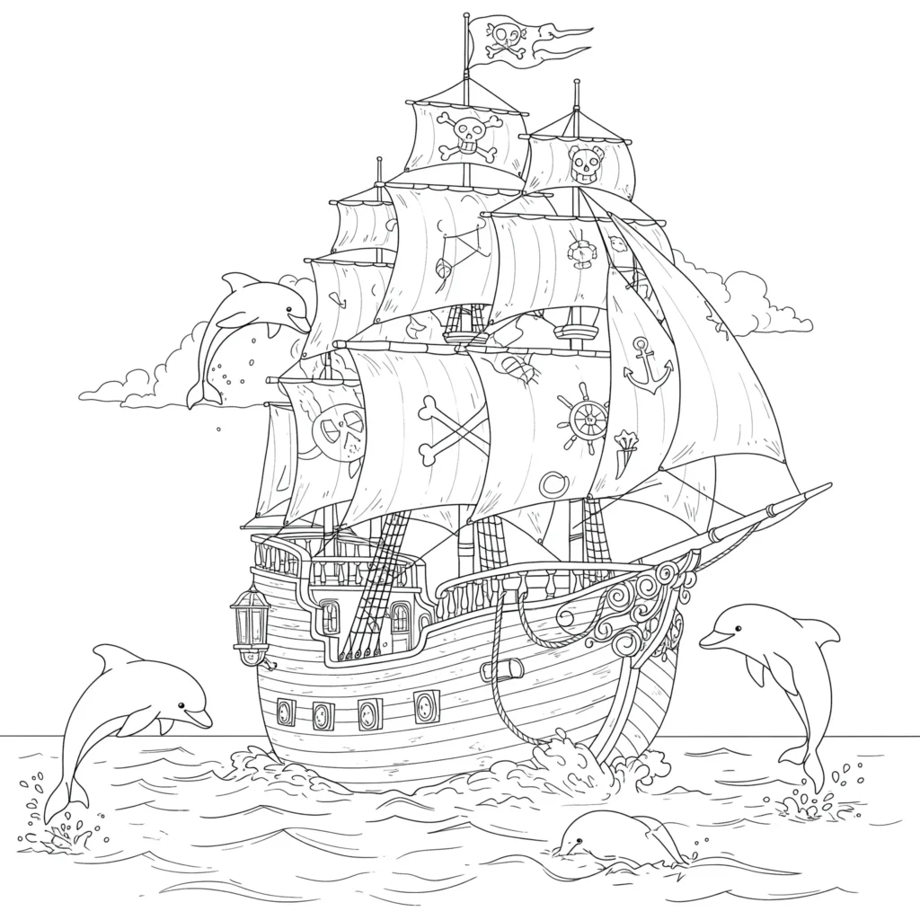 Piratenschiff Ausmalbild mit fröhlichen Delfinen, die um das Schiff springen – kostenlose Piratenschiff Ausmalbilder als PDF für Kinder