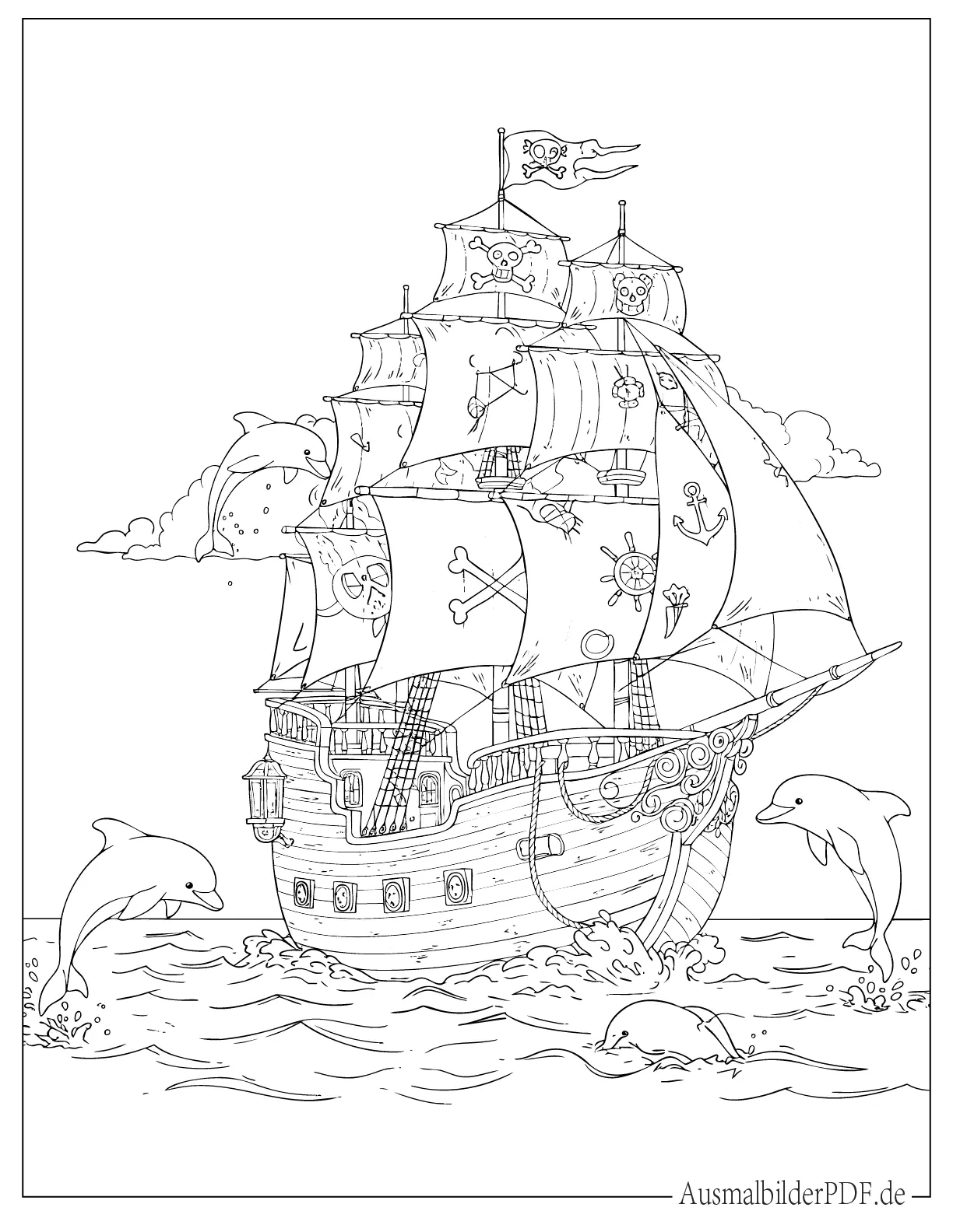 Piratenschiff mit Delfinen Ausmalvorlage
