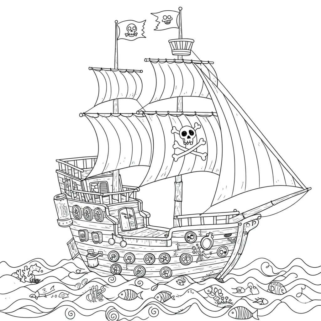 Piratenschiff Ausmalbild aus recycelten Materialien wie Flaschen, Dosen und Holz – umweltfreundliche Piratenschiff Ausmalbilder als PDF für Kinder