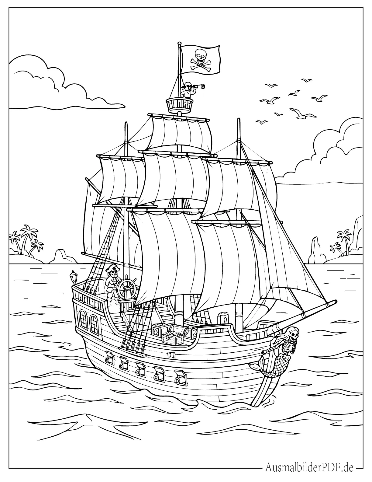 Piratenschiff auf ruhigem Meer Ausmalbild