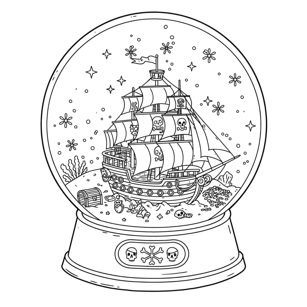 Piratenschiff Ausmalbild in einer magischen Schneekugel mit Schneeflocken und Glitzer – kostenlose Piratenschiff Ausmalbilder als PDF zum Ausdrucken