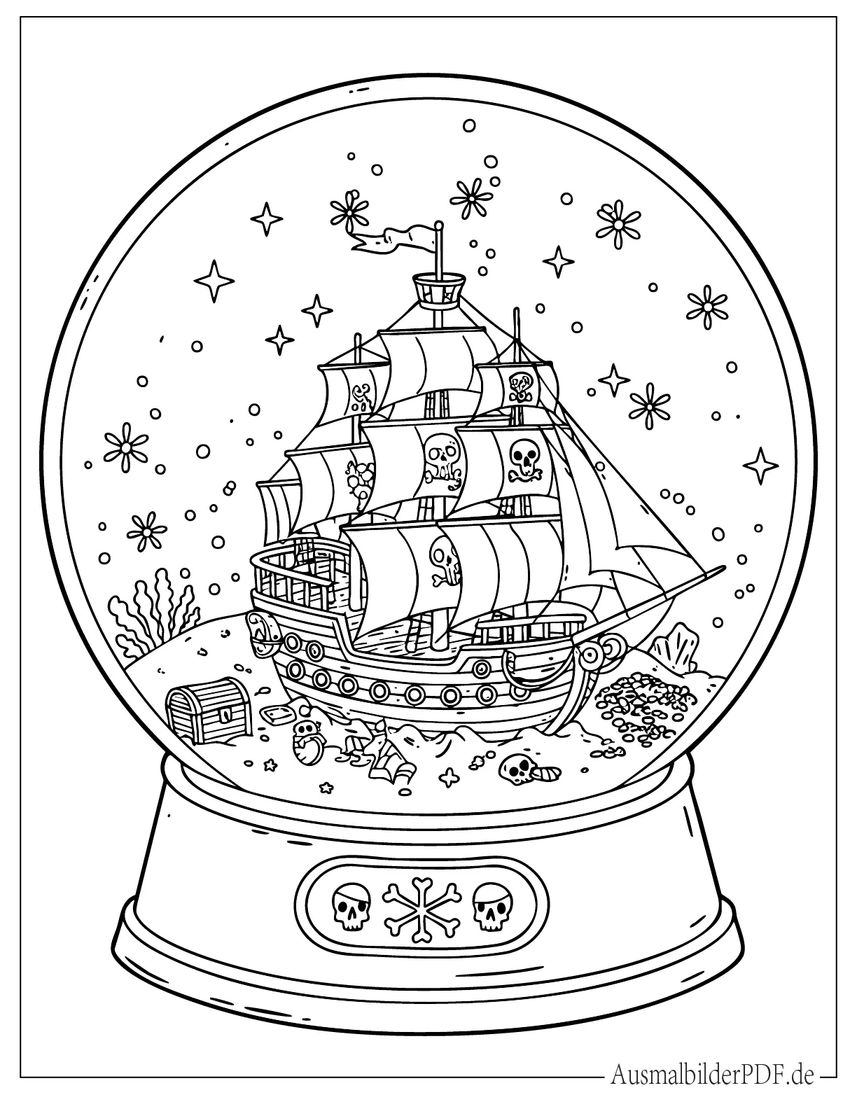 Piratenschiff in einer Schneekugel mit Schnee und Meer, fantasievolle Szene zum Ausdrucken für Kinder jeden Alters