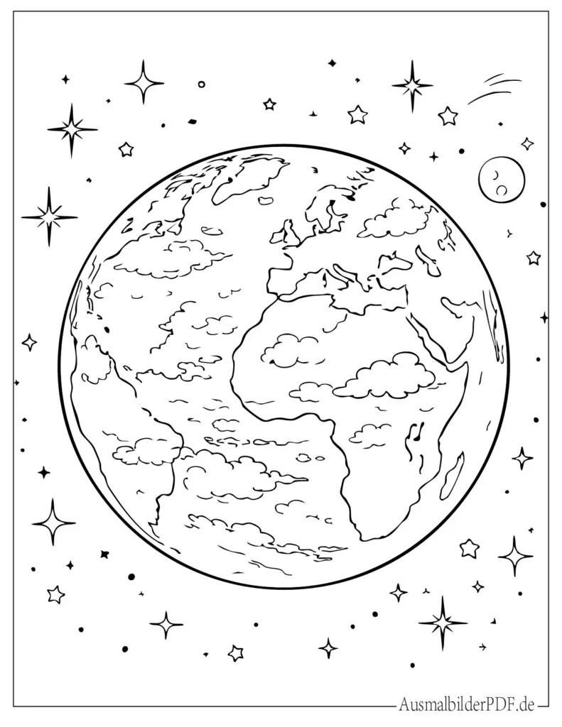 Malvorlage vom Planeten Erde aus dem Weltall, zeigt Kontinente, Ozeane und Wolken, perfekt zum Ausmalen