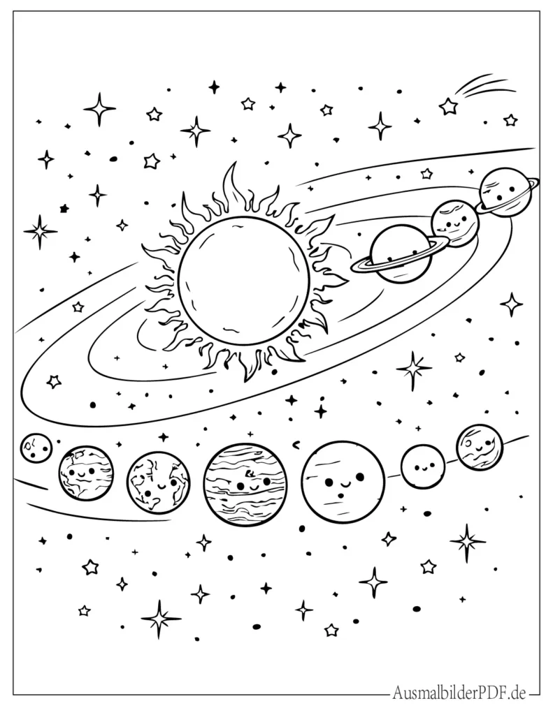 Druckvorlage aller Planeten im Sonnensystem, in einer Reihe um die Sonne, ideal zum Ausmalen für Kinder