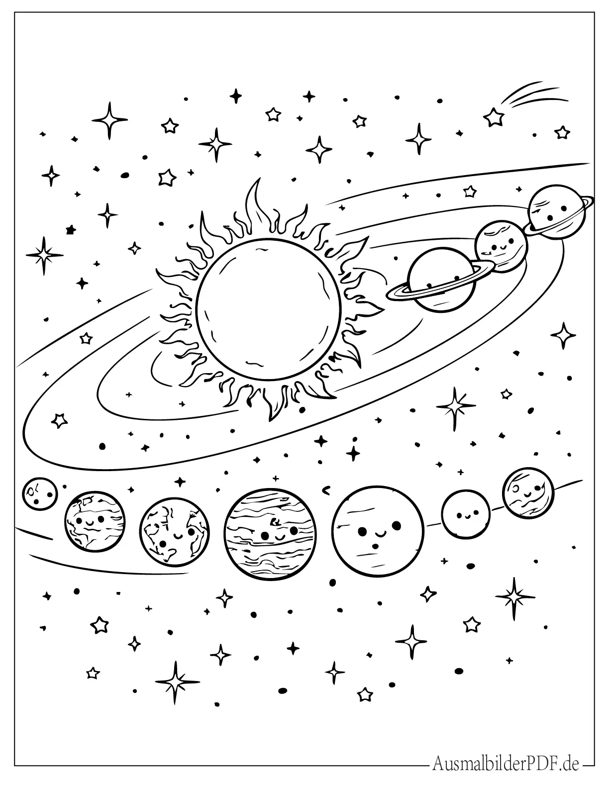 Ausmalbild von Planeten rund um die leuchtende Sonne aufgereiht