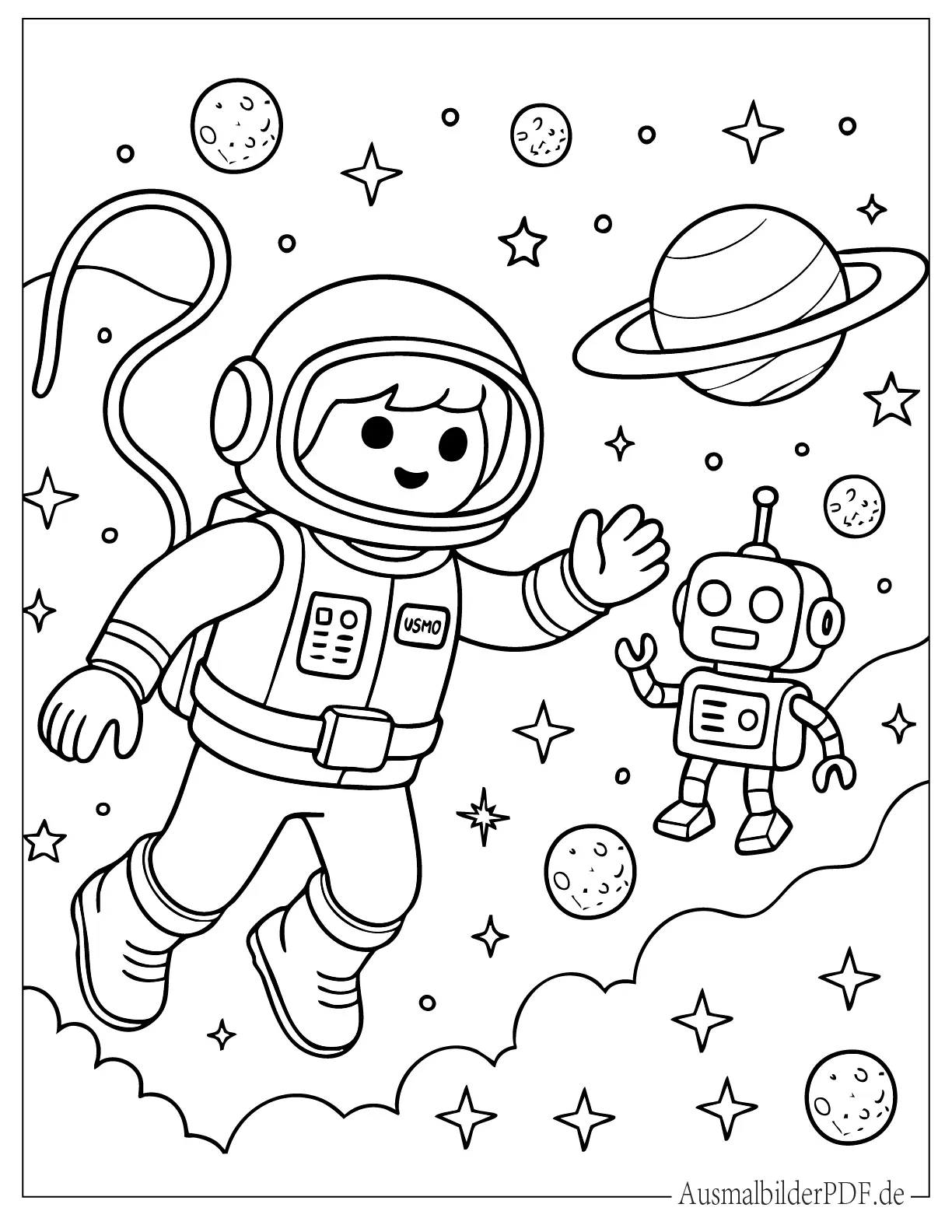 Playmobil Astronaut schwebt im Weltraum mit einem Roboter Ausmalbild