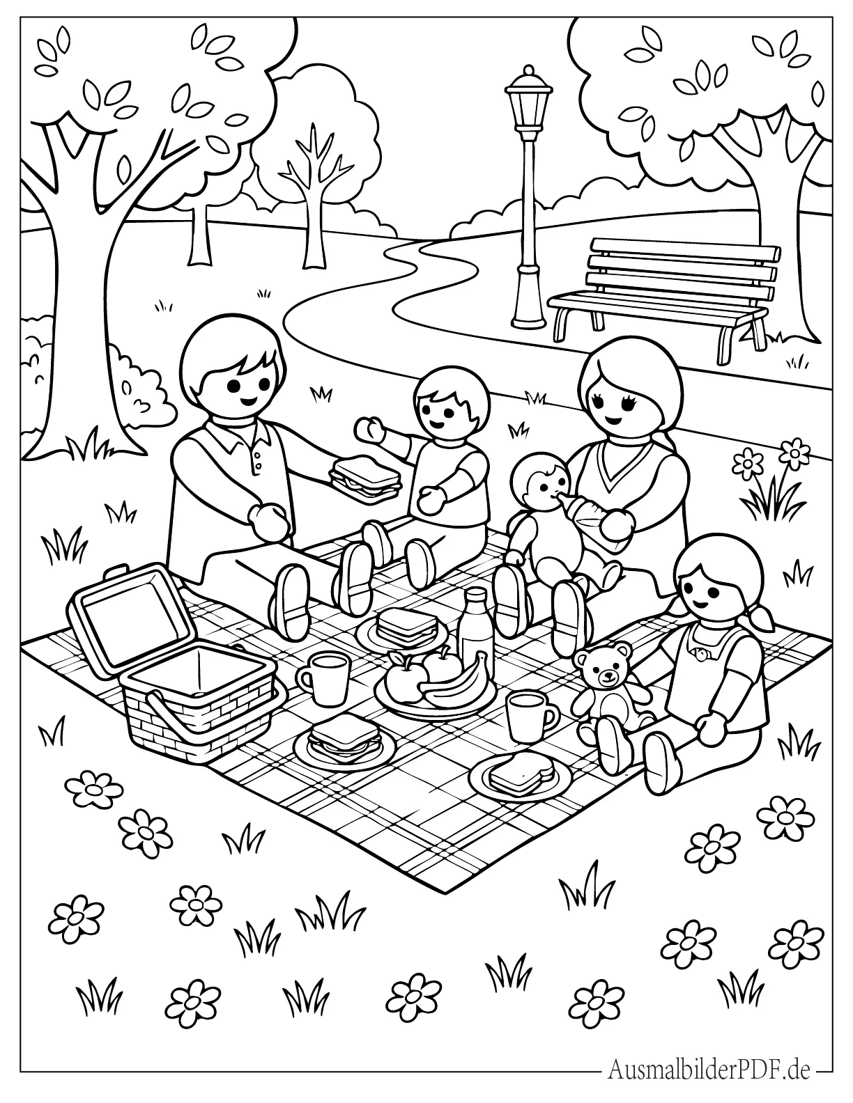 Playmobil Familie macht Picknick im Park Ausmalvorlage