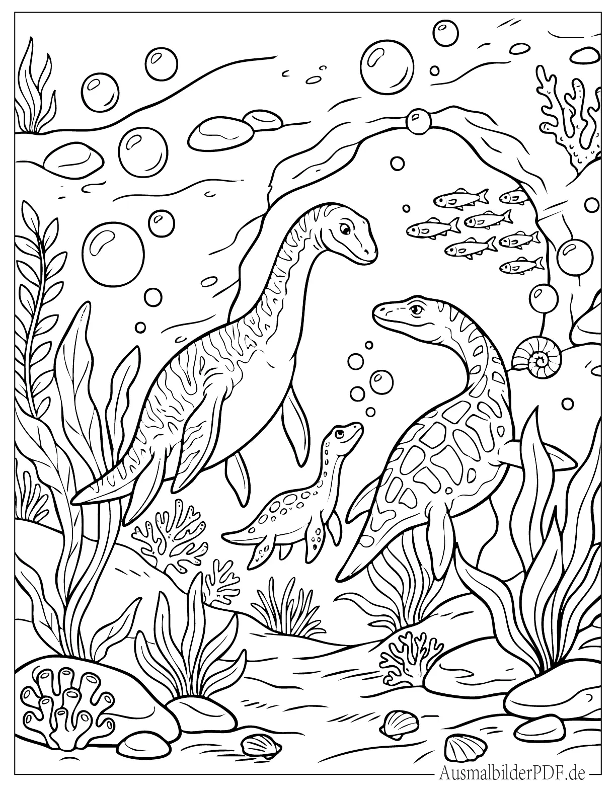 Plesiosaurus Familie schwimmt tief im Wasser Malvorlage