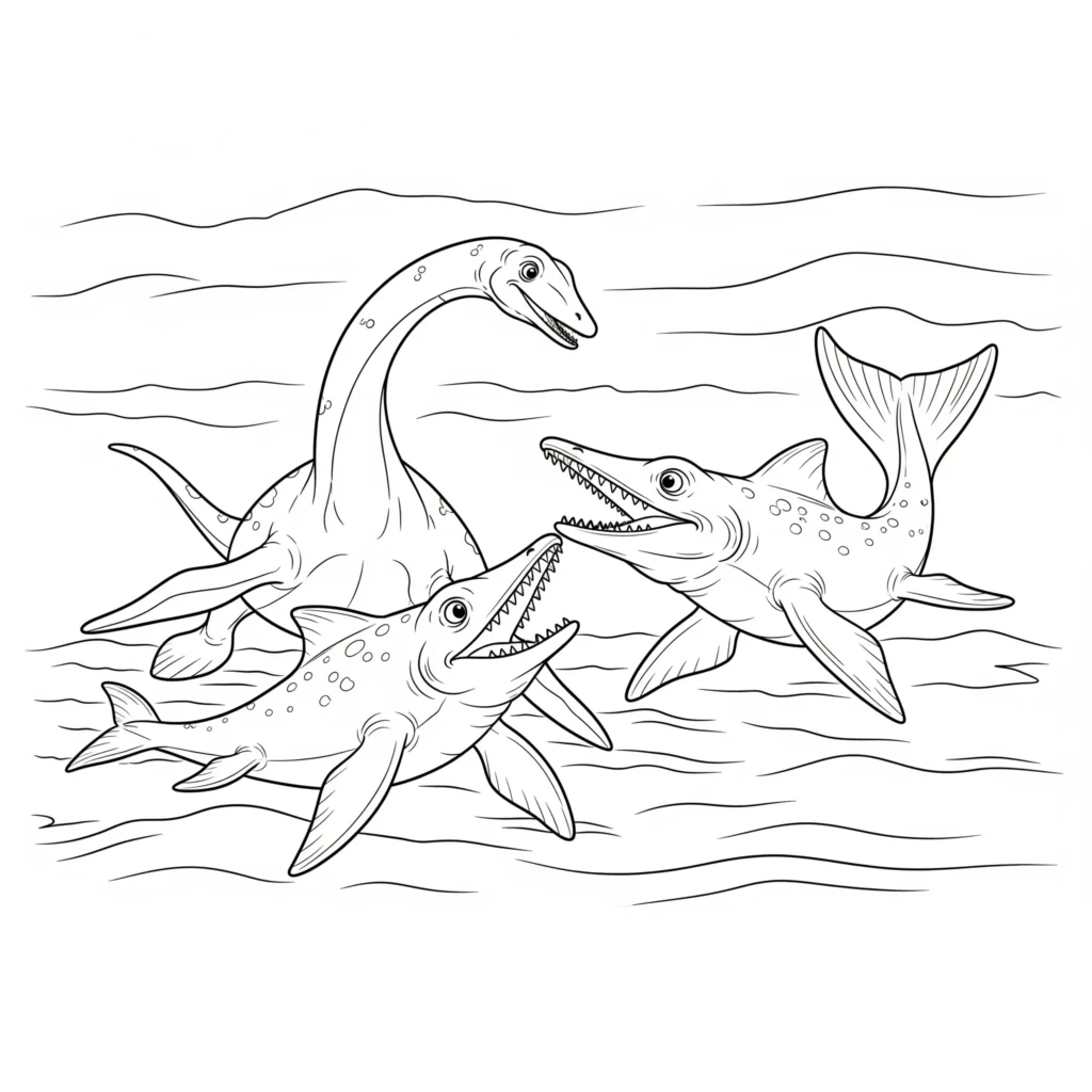 Plesiosaurus und Ichthyosaurus spielen zusammen unter Wasser als Ausmalbild für Kinder zum Ausdrucken