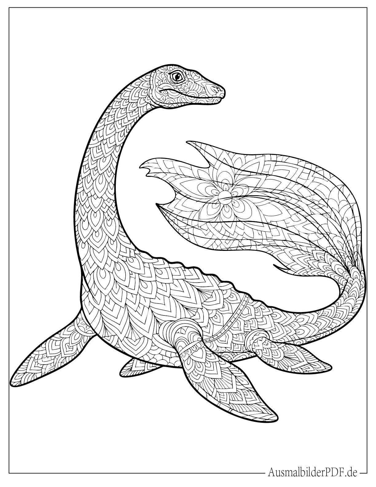 Detailliertes Dinosaurier Plesiosaurus Mandala Ausmalbild für Erwachsene