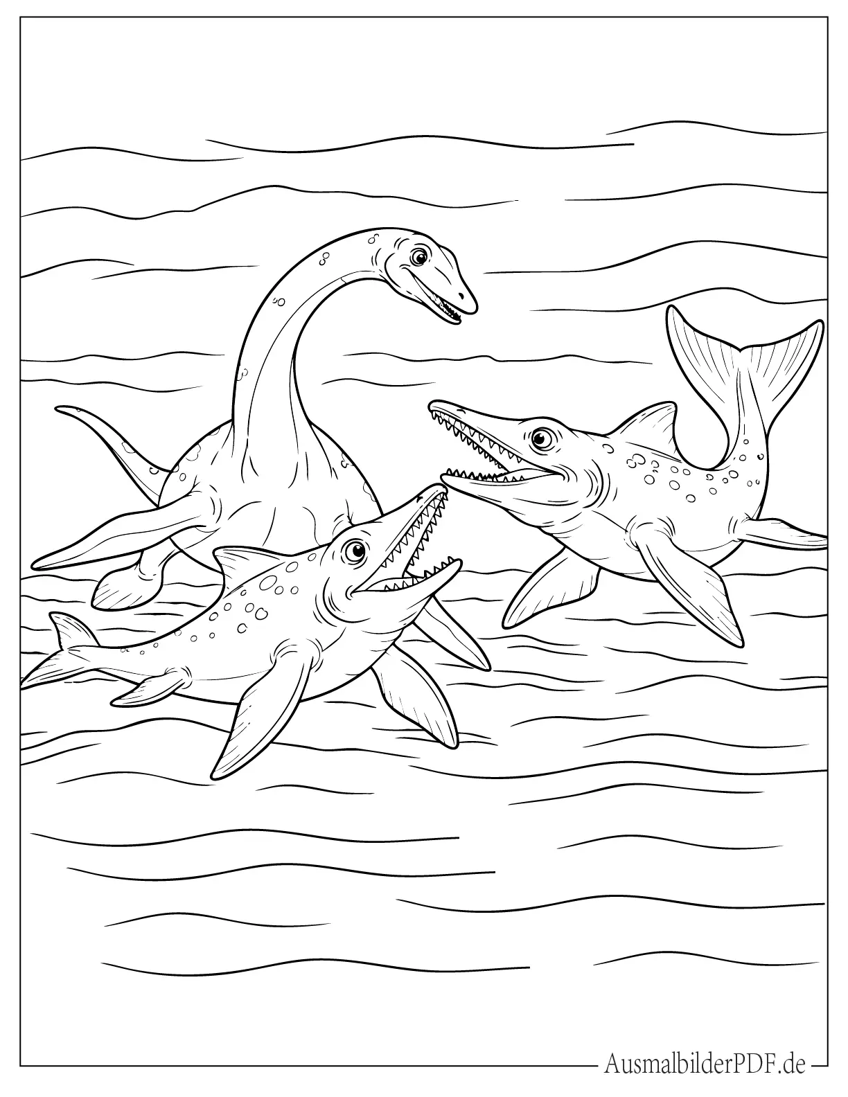 Prähistorischer Plesiosaurus spielt mit zwei Ichthyosaurus Malvorlage