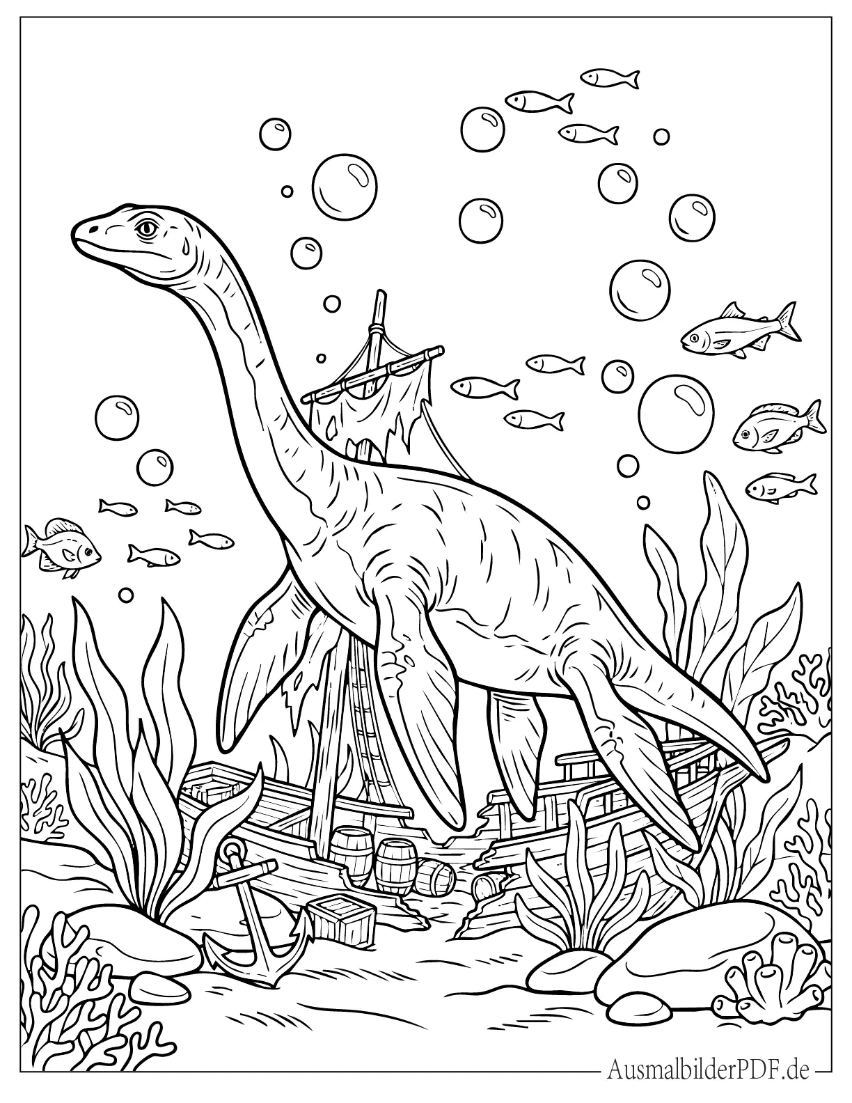Plesiosaurus in der Nähe eines Schiffswracks zum Ausmalen
