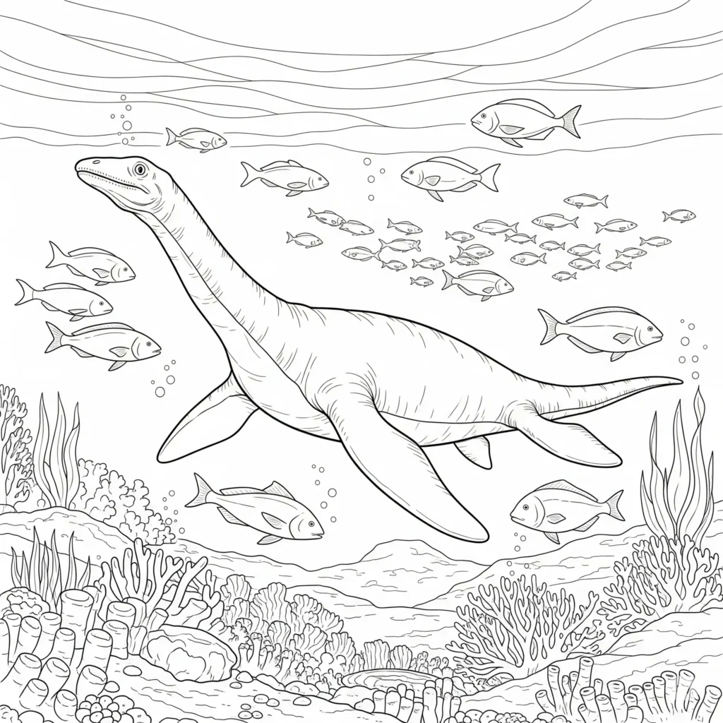 Plesiosaurus Malvorlage zeigt einen schwimmenden Plesiosaurus als Ausmalbild für Kinder zum Ausdrucken und Malen zuhause
