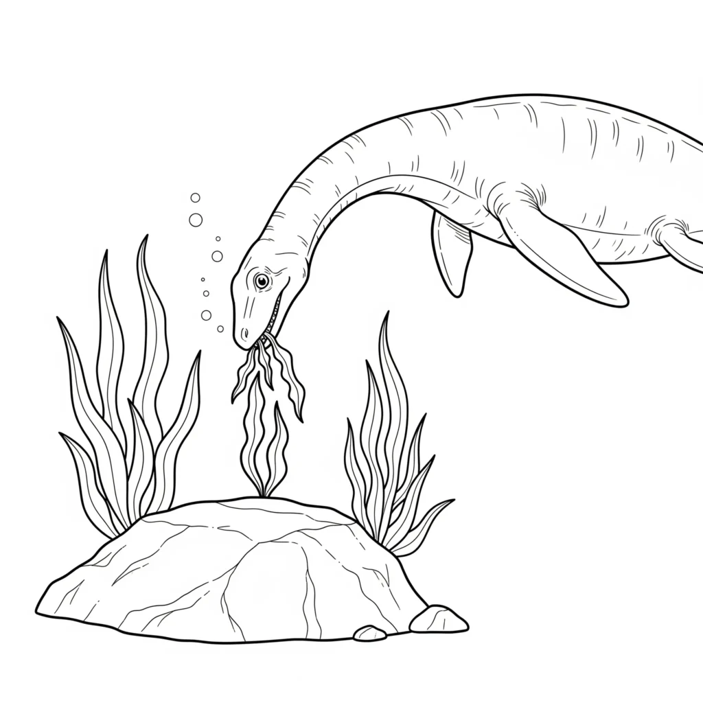 Ein Plesiosaurus frisst Algen unter Wasser als Ausmalbild für Kinder zum Ausdrucken und Ausmalen
