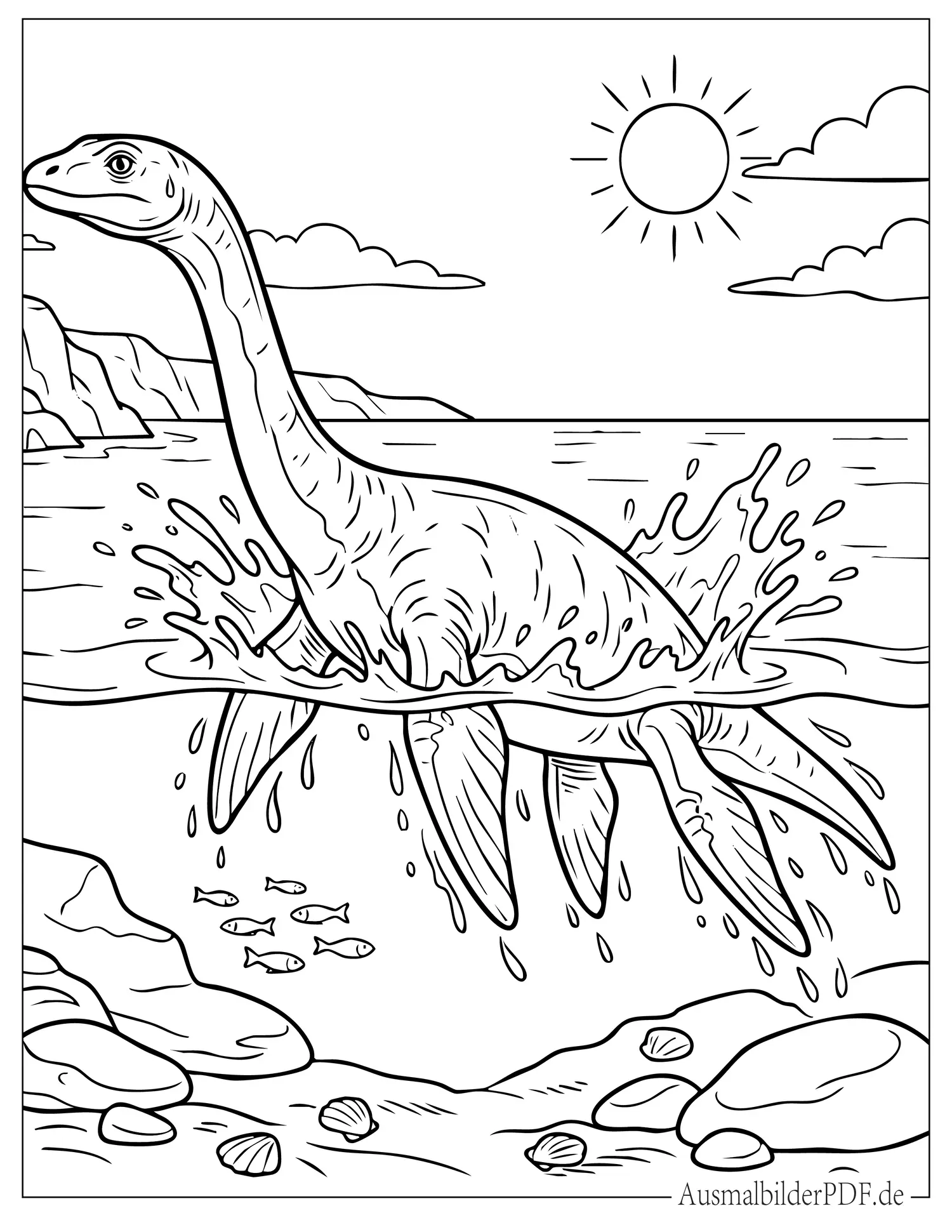 Prähistorischer Dinosaurier Plesiosaurus springt aus dem Wasser Ausmalbild