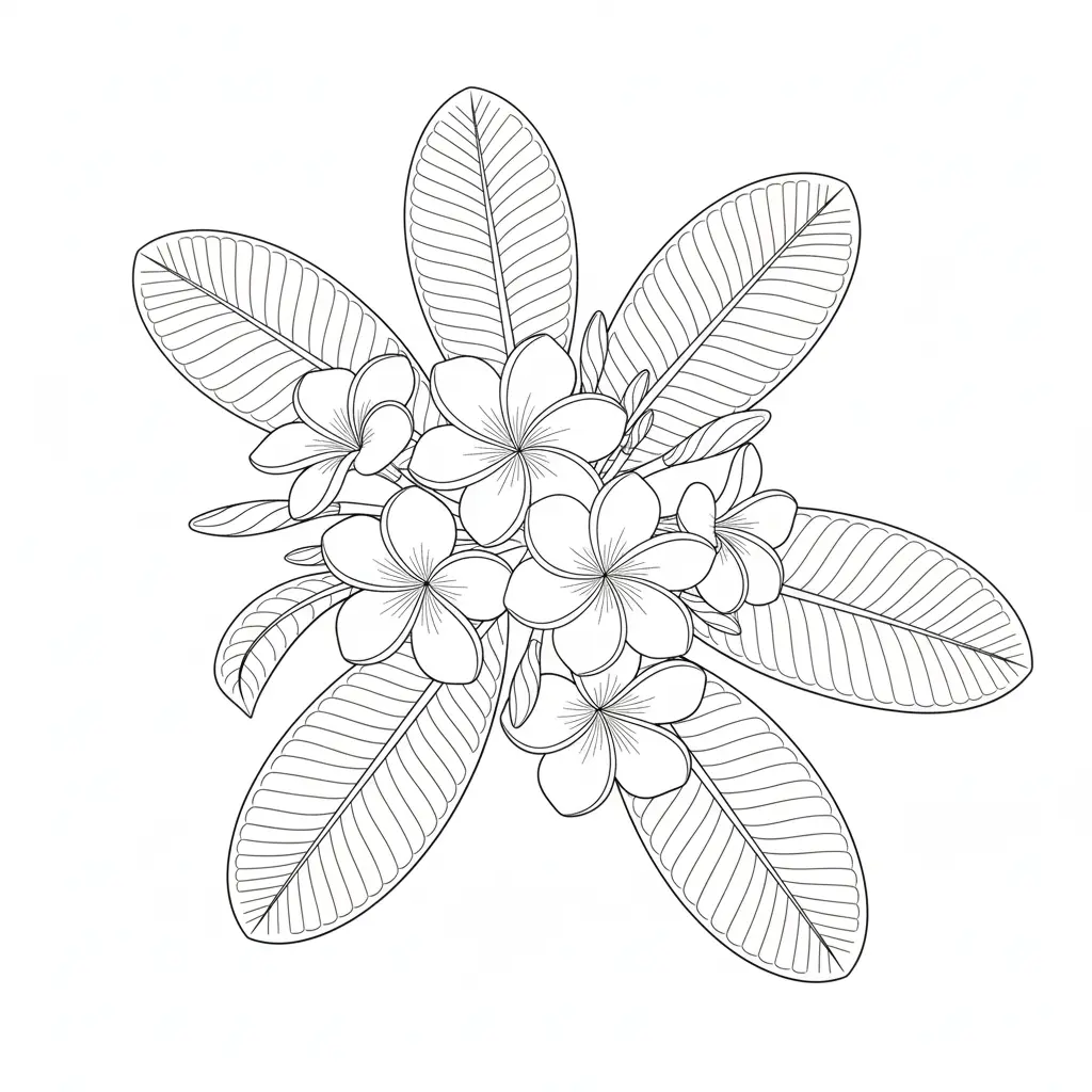 30+ Blumen Ausmalbilder (Gratis Malvorlage zum Ausdrucken) Ein tropisches Ausmalbild mit Plumerienblüten auf großen Blättern, ideal zum Drucken und für entspannendes Ausmalen für Kinder und Erwachsene