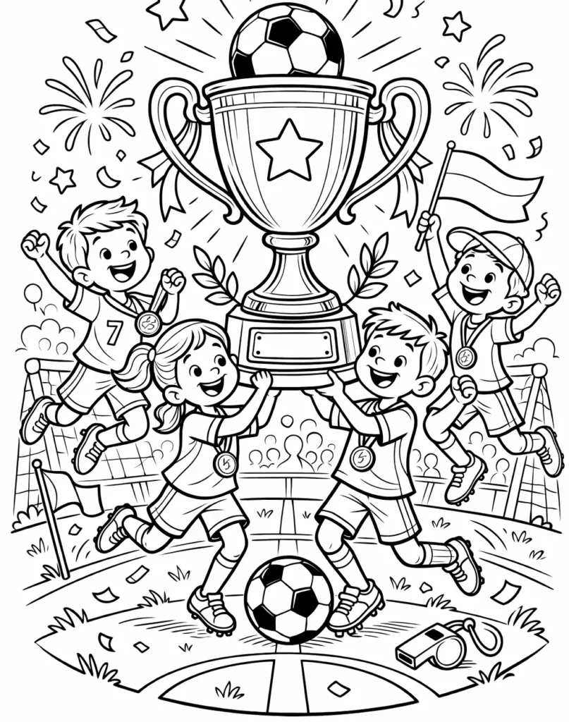Pokal Ausmalbilder (Gratis Malvorlage PDF zum Ausdrucken) Ausmalblatt mit Pokal, Kindern und Fußball als Malvorlage für Kinder, perfekt zum Ausdrucken und Ausmalen