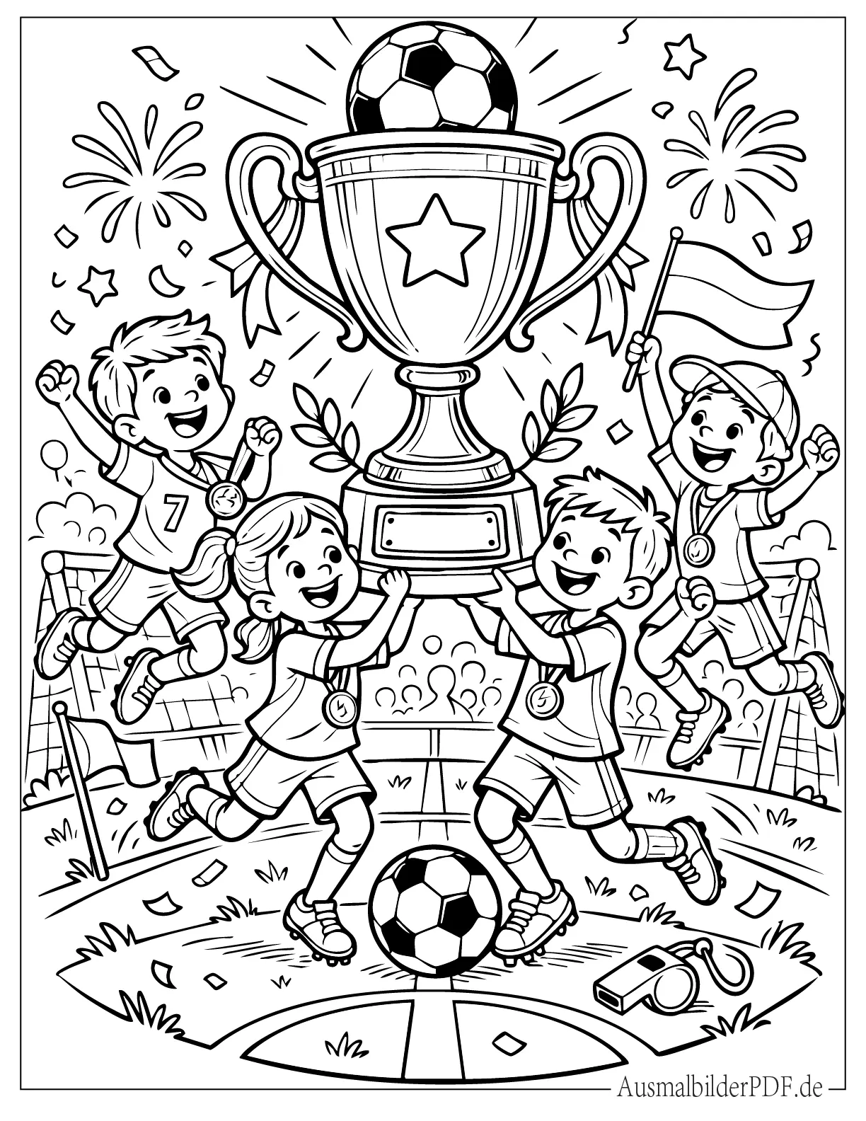 Pokal mit Kindern und Fußball Ausmalvorlage