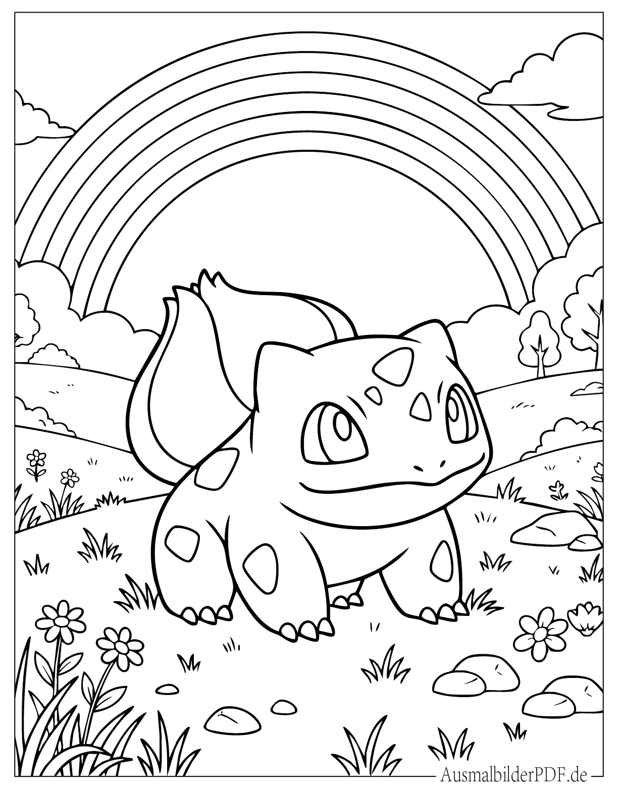 Pokemon Bisasam unter Regenbogen Ausmalvorlage