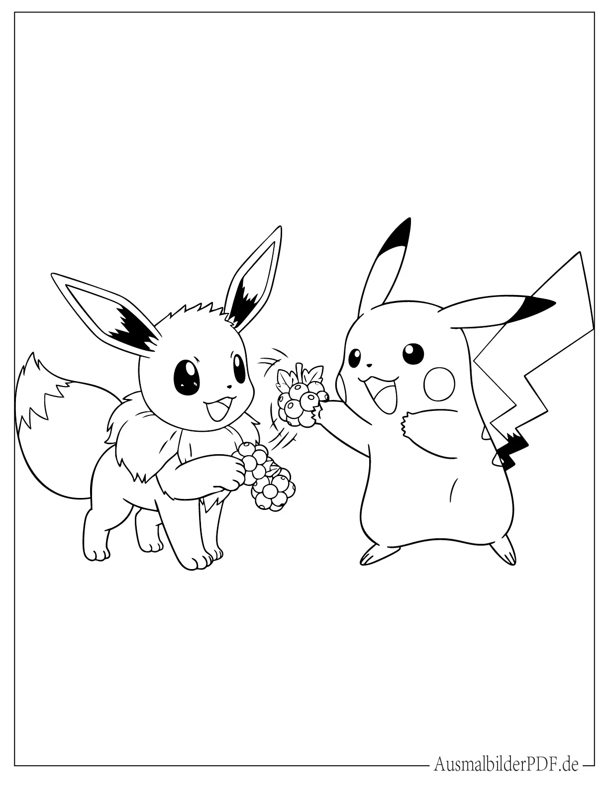 Pokémon Evoli und Pikachu Malvorlage für Kinder beim Essen von Beeren