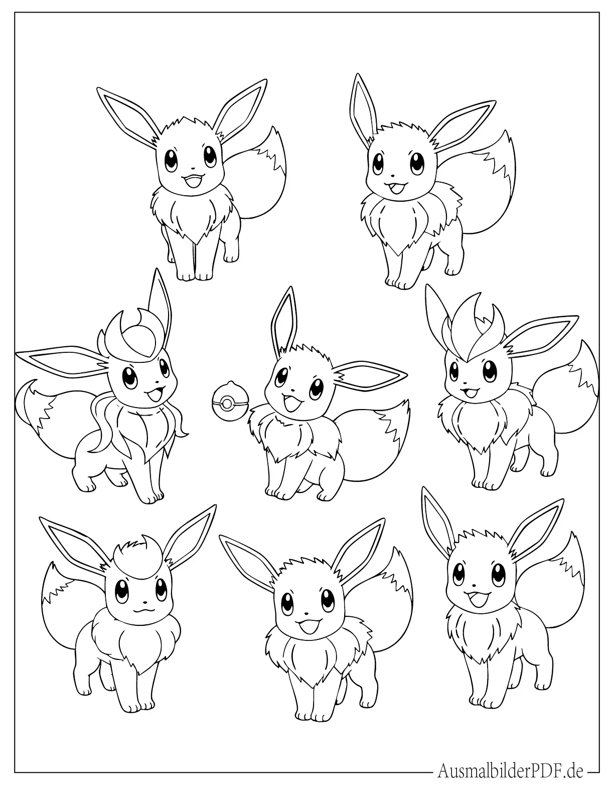 Niedliches Pokemon-Eevee-Ausmalbild mit mehreren spielerischen Posen, perfekt für Kinder zum kreativen Ausmalen und Drucken.