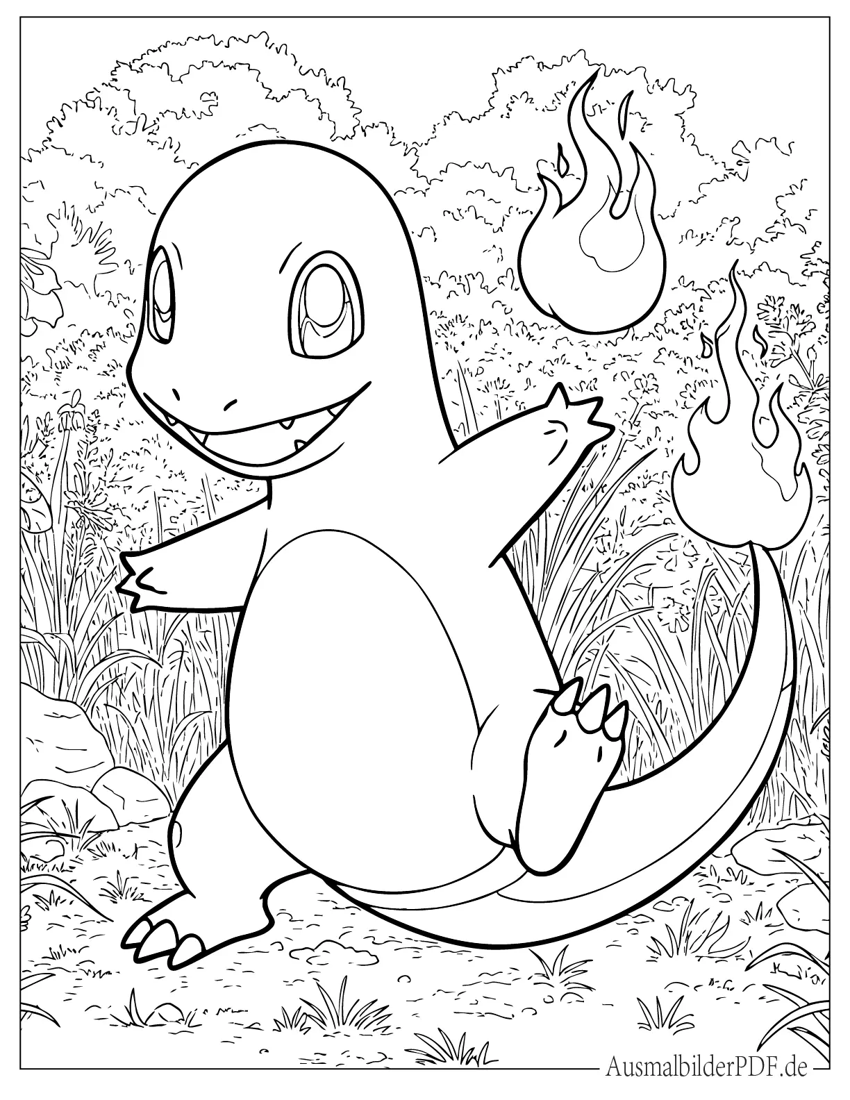 Ausmalbild von Pokemon Glumanda tanzt im Wald zum Ausdrucken