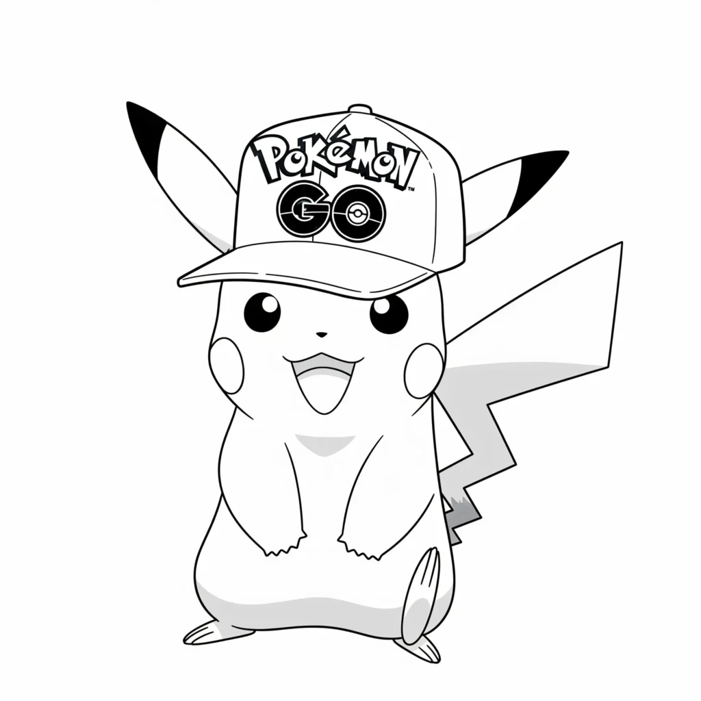 Dieses Ausmalbild zeigt Pikachu im Stil von Pokémon GO mit energiegeladener Pose – ideal für Fans, die moderne Pokémon-Motive mögen.