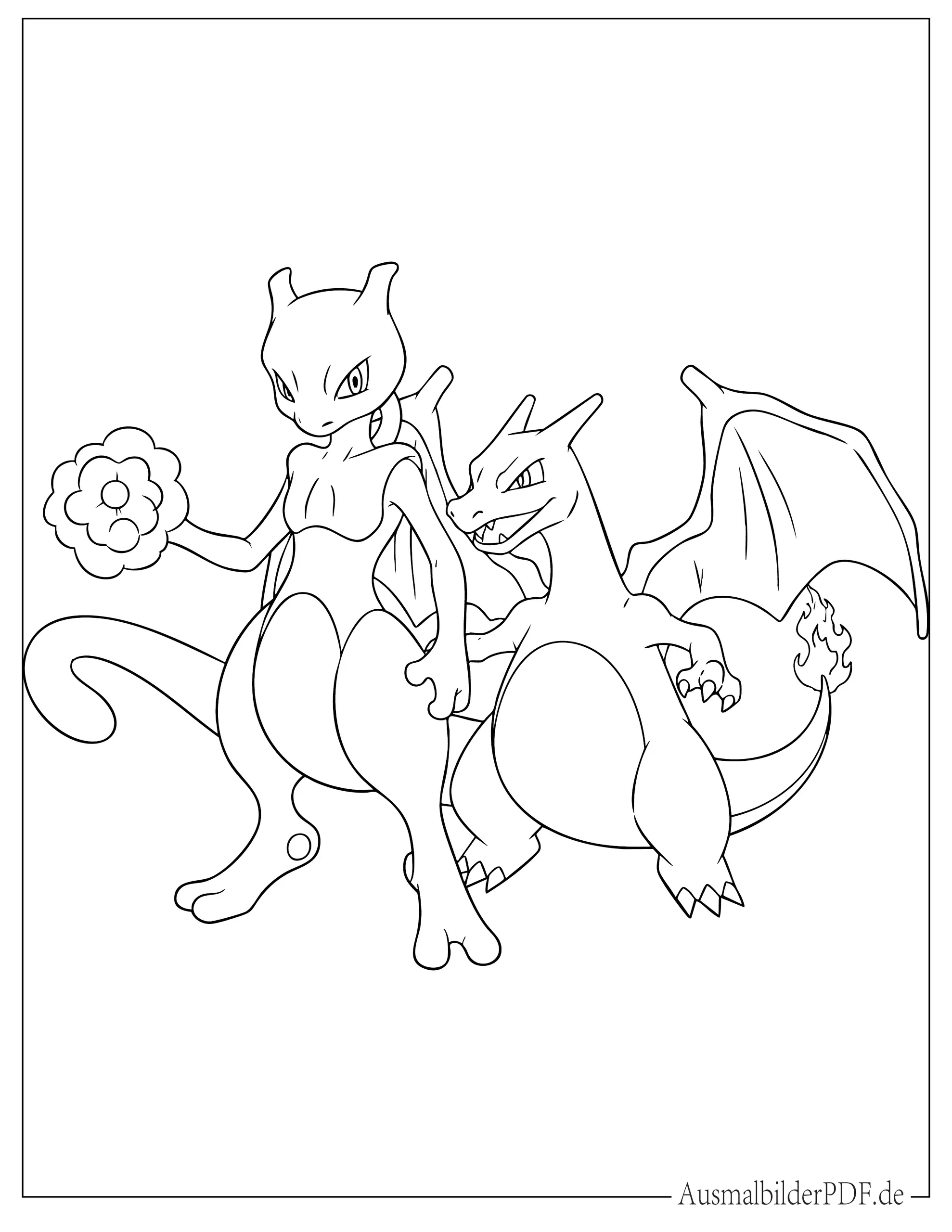 10+ Mewtu Ausmalbilder (Kostenlos Malvorlagen zum Ausdrucken) Einfaches Pokemon Mewtu mit Glurak zum Ausmalen für Kinder