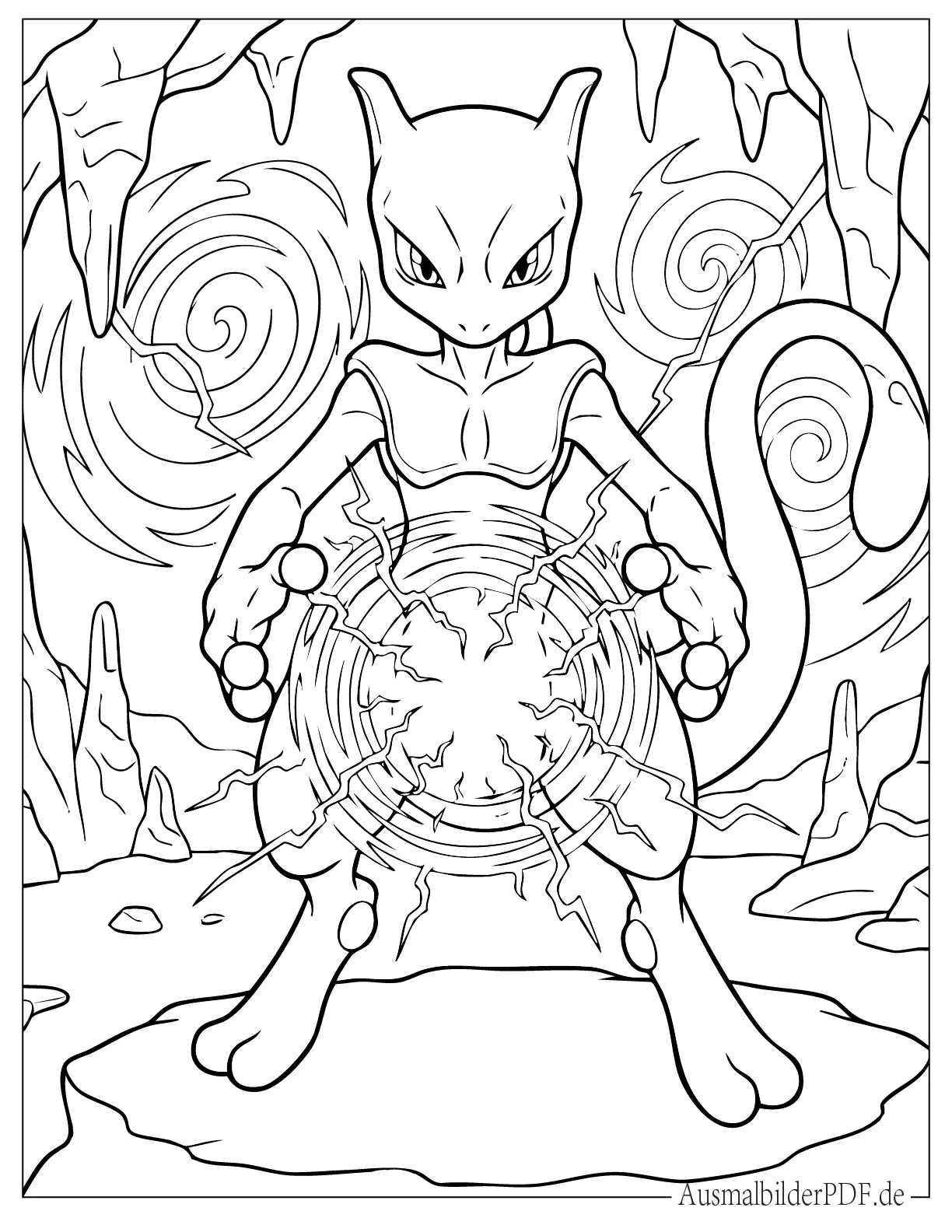 10+ Mewtu Ausmalbilder (Kostenlos Malvorlagen zum Ausdrucken) Legendäres Pokemon Mewtu sammelt Kraft Ausmalbild