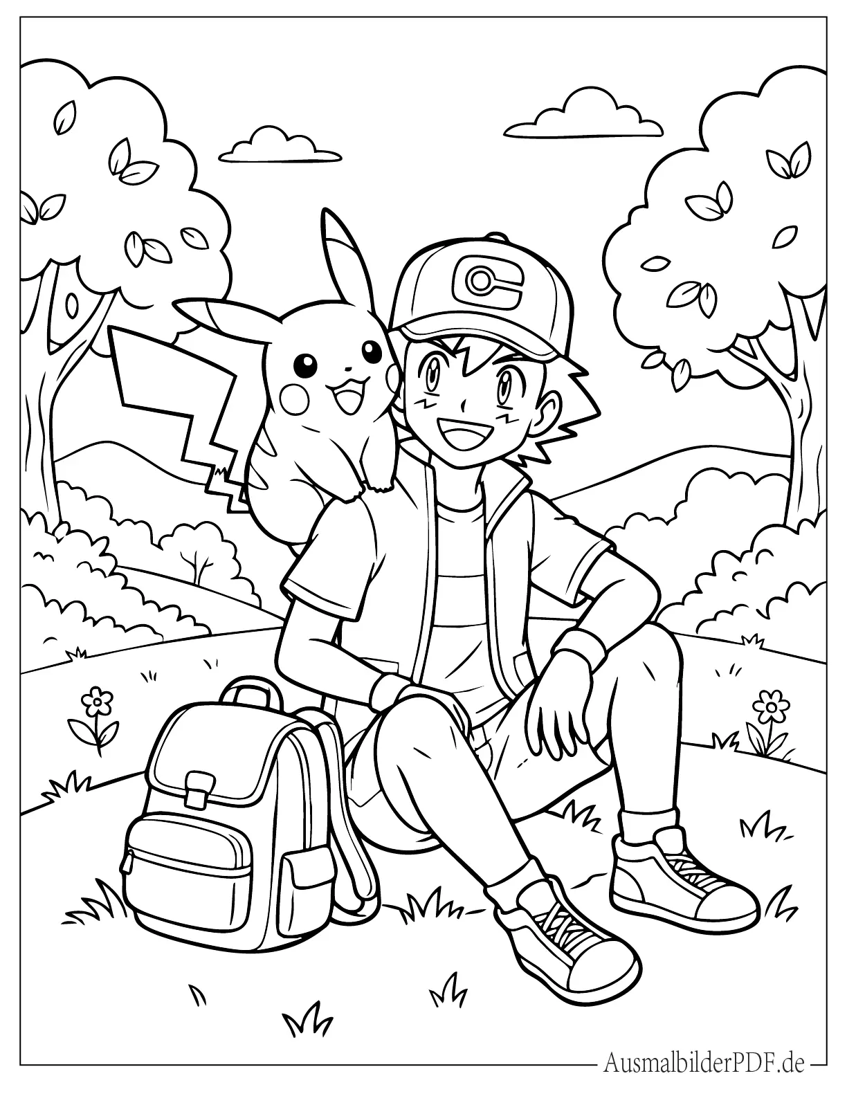 Niedliches Pikachu sitzt auf Ash Ketchums Schulter Ausmalvorlage