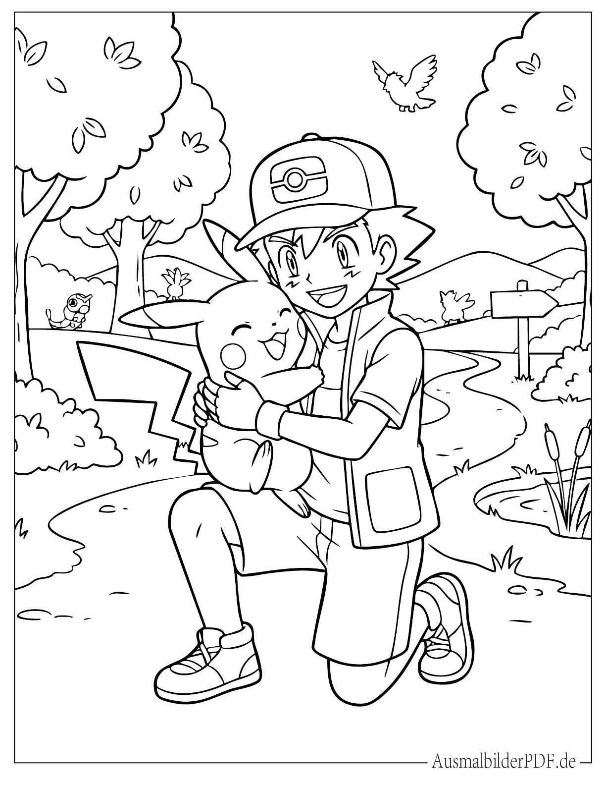 Pokemon Pikachu und Ash Ketchum umarmen sich Ausmalbild