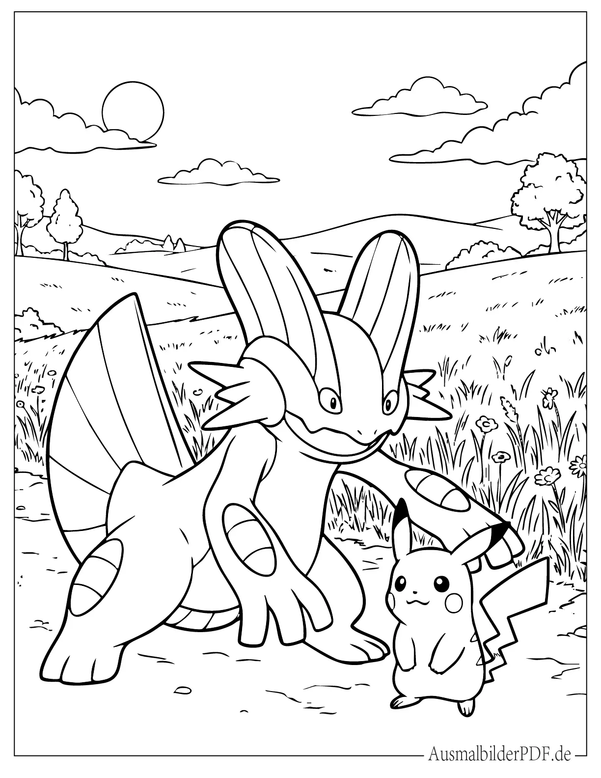 10+ Pokémon Sumpex Ausmalbilder und Malvorlagen zum Drucken Pokémon Sumpex und Pikachu in der Wildnis Ausmalbild
