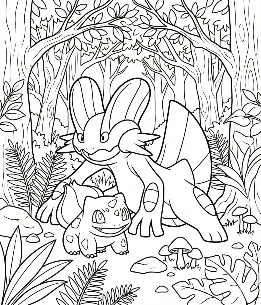 Sumpex Ausmalbilder (Gratis Pokémon Malvorlage zum drucken) Ausmalbild mit Sumpex und Bisasam in einer Waldszene, kinderfreundliche Malvorlage zum Ausdrucken