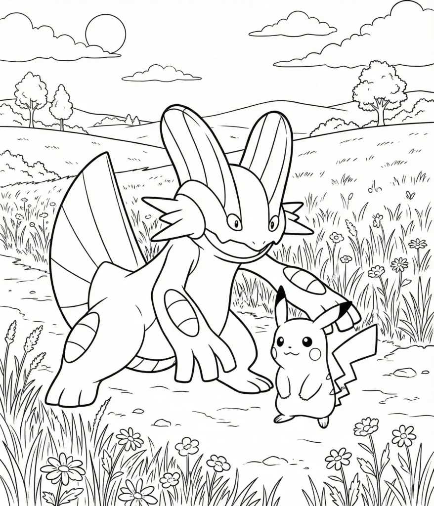 Sumpex Ausmalbilder (Gratis Pokémon Malvorlage zum drucken) Ausmalbild mit Sumpex und Pikachu im Abenteuer im freien Feld, kinderfreundliche Malvorlage zum Ausdrucken