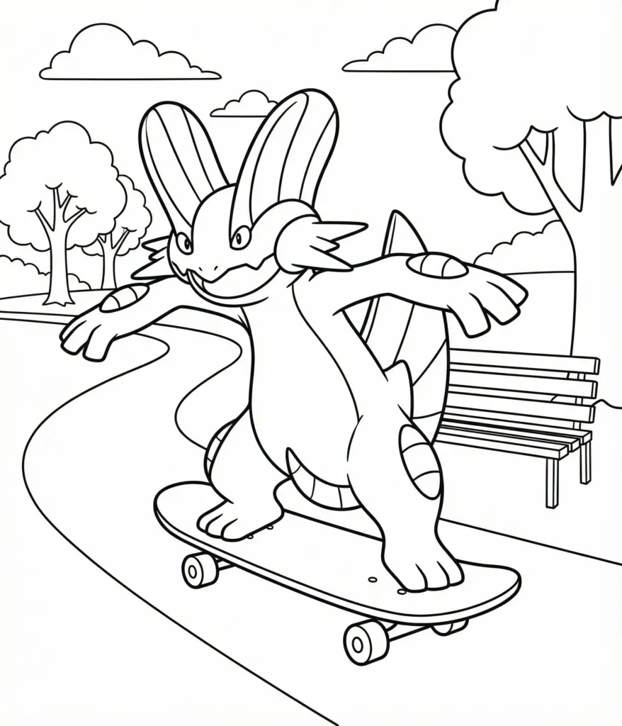 Sumpex Ausmalbilder (Gratis Pokémon Malvorlage zum drucken) Ausmalbild von Sumpex auf einem Skateboard, einfache Malvorlage für Kinder zum Ausdrucken und Ausmalen