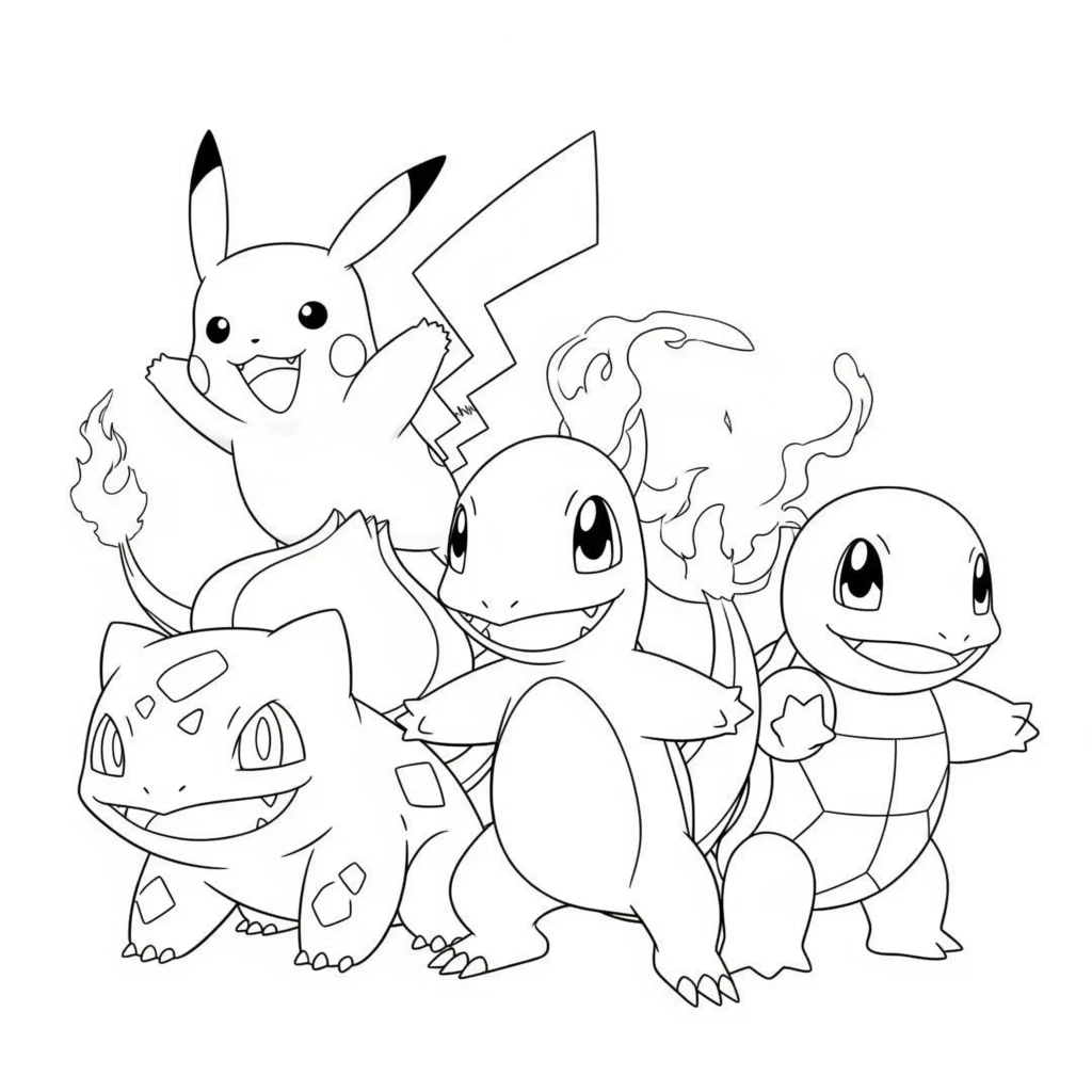 Diese Ausmalvorlage zeigt ein starkes Pokémon Team mit mehreren Charakteren zusammen – ideal für Kinder, die Gruppenszenen bunt gestalten möchten.