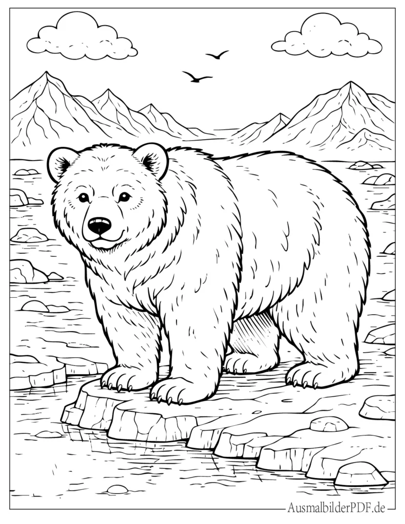 Ein Eisbär steht ruhig auf einer großen Eisscholle im Meer, ein klares Ausmalbild für Kinder zum Ausdrucken und kreativen Ausmalen.