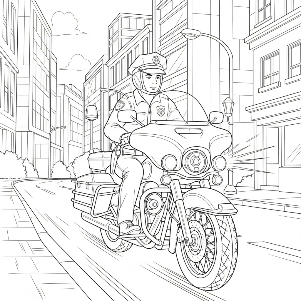 10+ Motorrad Ausmalbilder (Gratis Malvorlage zum Ausdrucken) Ausmalbild mit Polizei Motorrad für Kinder als kostenlose druckbare PDF-Vorlage zum Ausmalen und Spielen