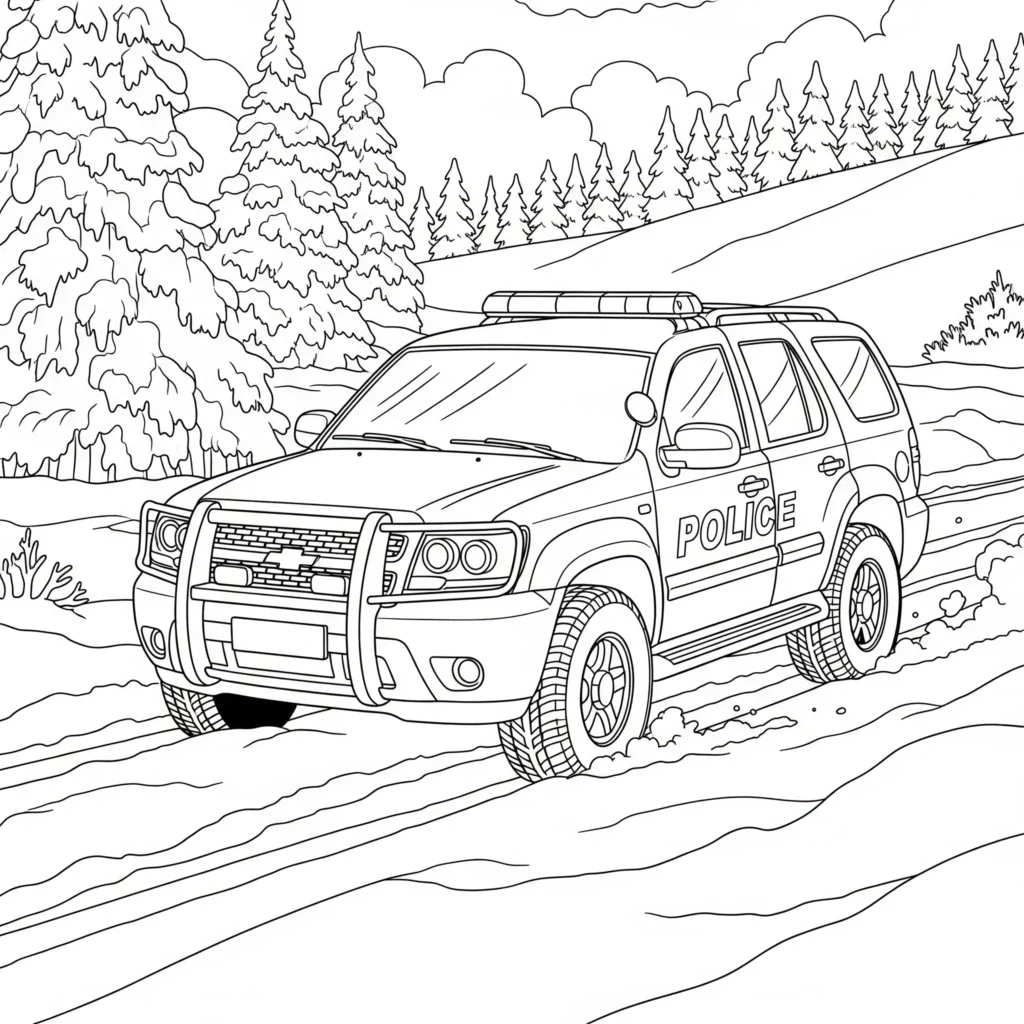 Ein Polizei-SUV fährt durch einen Schneesturm mit eingeschaltetem Blaulicht – als winterliches Ausmalbild für Kinder zum Ausdrucken