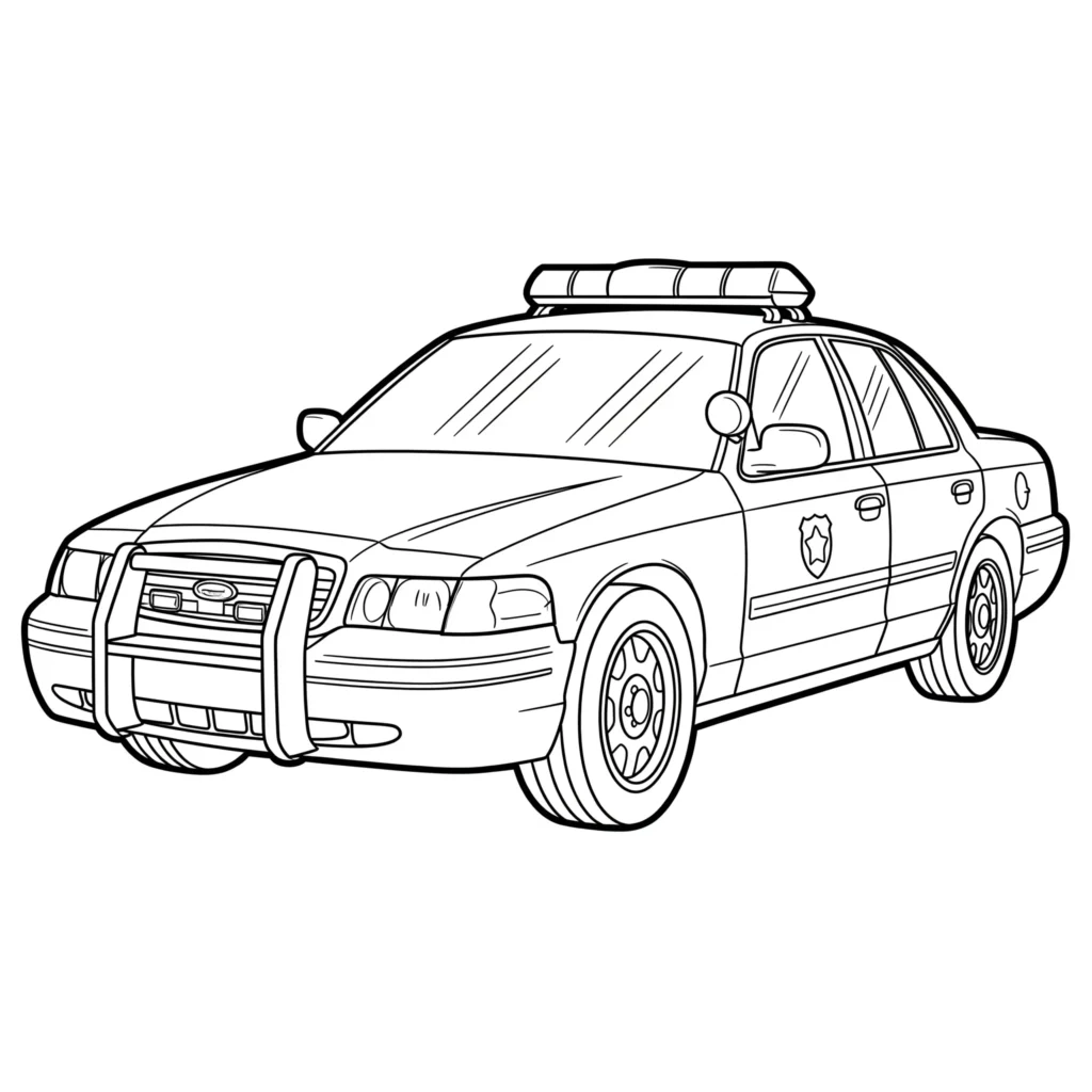 Polizeiauto mit Blaulicht als Ausmalbild zum Ausdrucken für Kinder. Ideal für Beschäftigung zu Hause oder im Kindergarten.