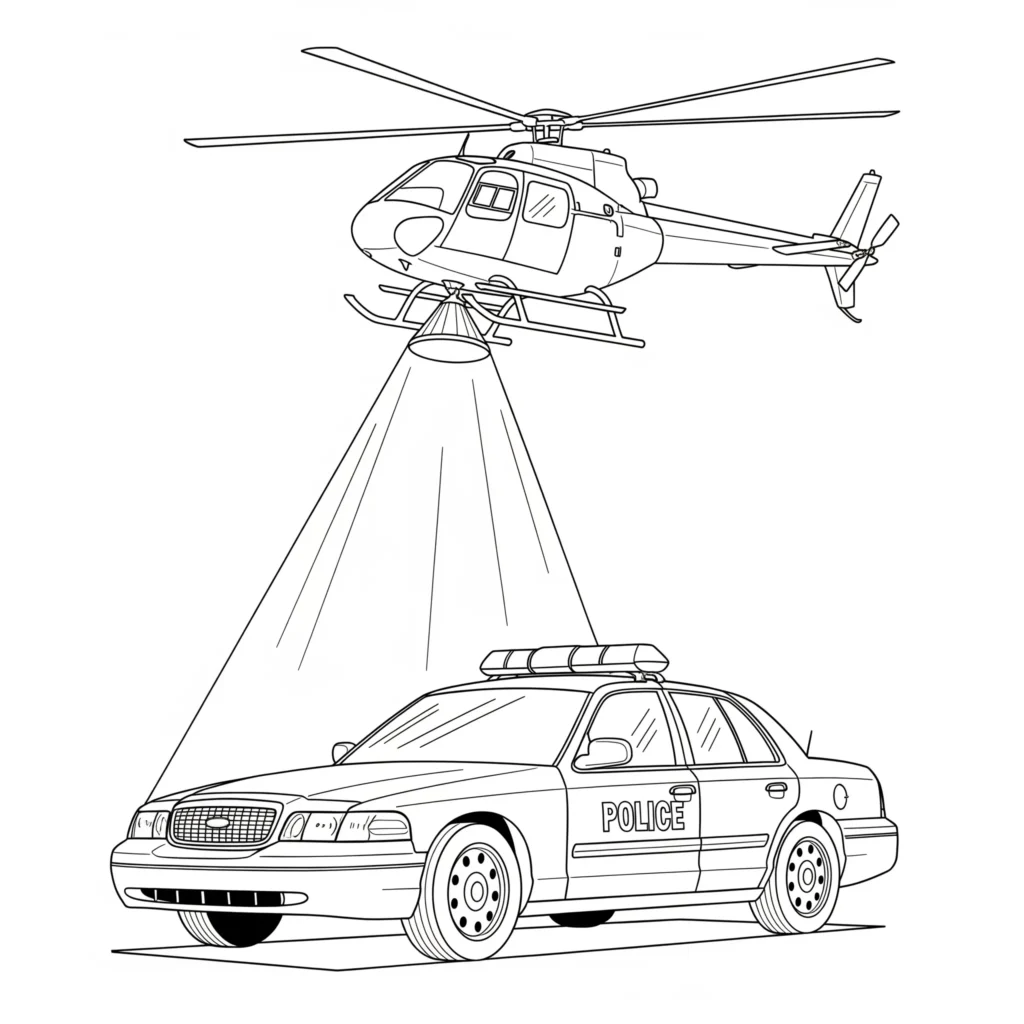 Ausmalbild mit einem Polizeiauto und einem Hubschrauber bei einer Verfolgungsjagd zum Ausdrucken und Ausmalen für Kinder