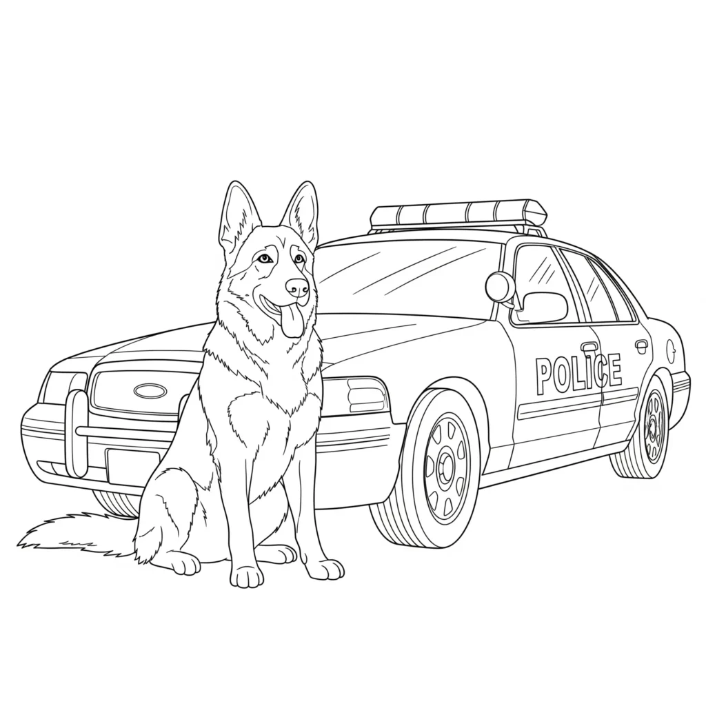 Ausmalbild mit einem Polizeiauto und einem Hund für Kinder zum Ausdrucken und Ausmalen