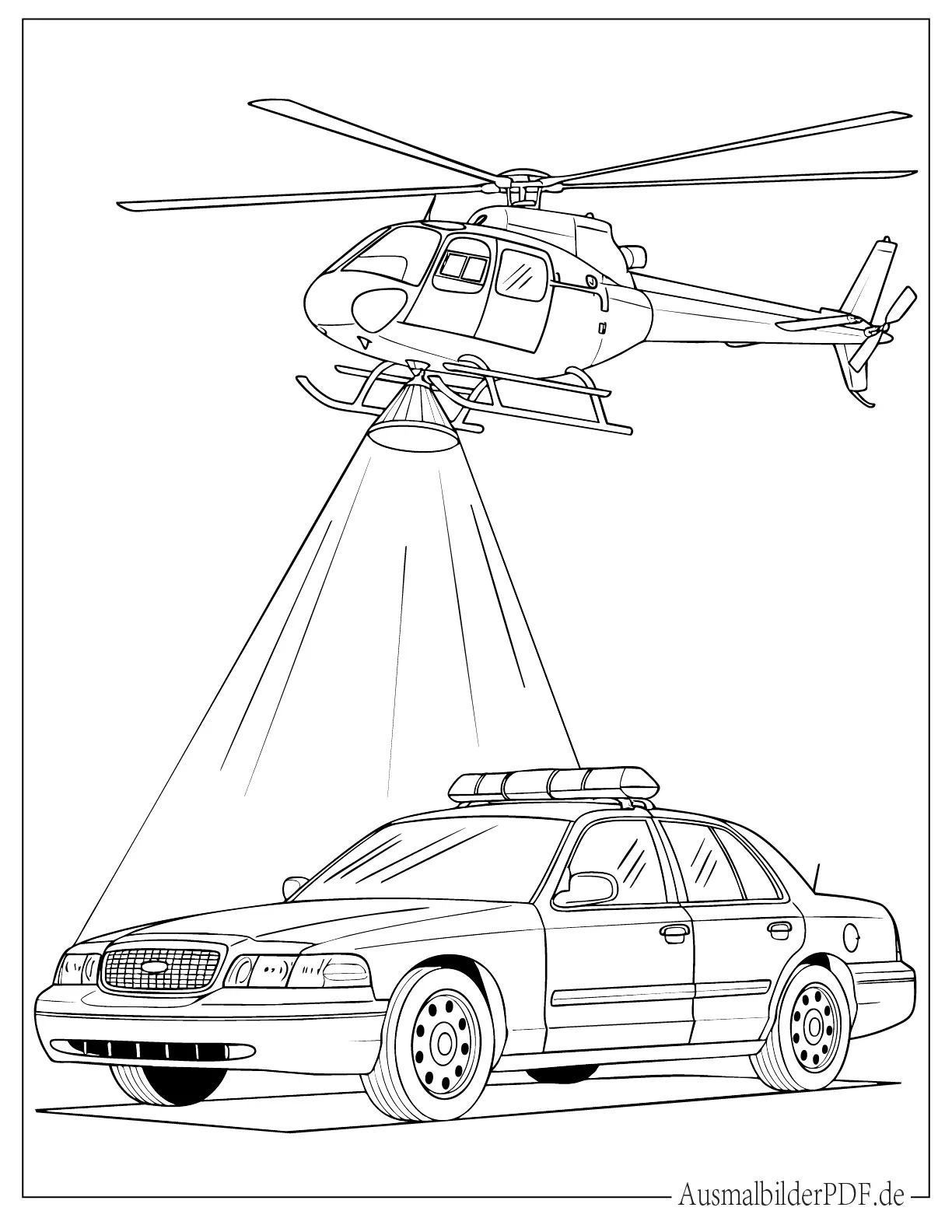 Polizei Hubschrauber jagt mit Polizeiauto darunter Ausmalbild