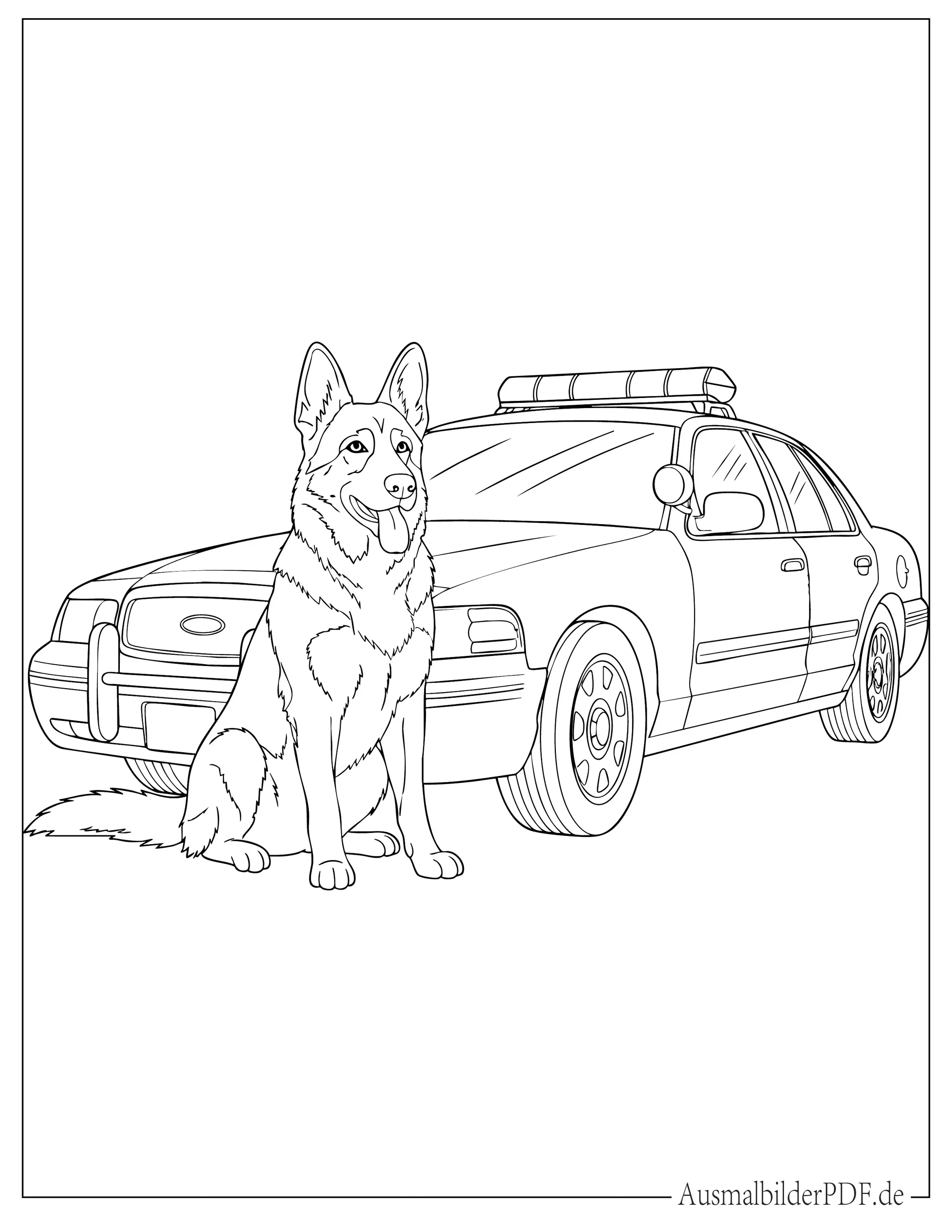 Polizeihund sitzt mit Polizeiauto Ausmalbild zum Ausdrucken
