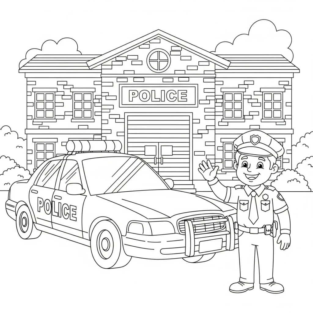 Ausmalbild eines Polizeiautos vor einer Polizeiwache zum Ausdrucken und Ausmalen für Kinder