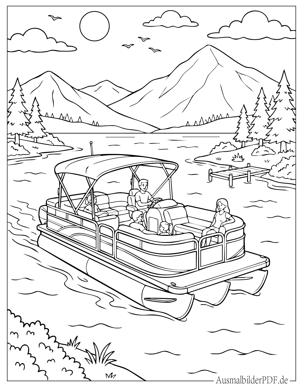 Pontonboot fährt auf einem friedlichen Bergsee zum Ausmalen