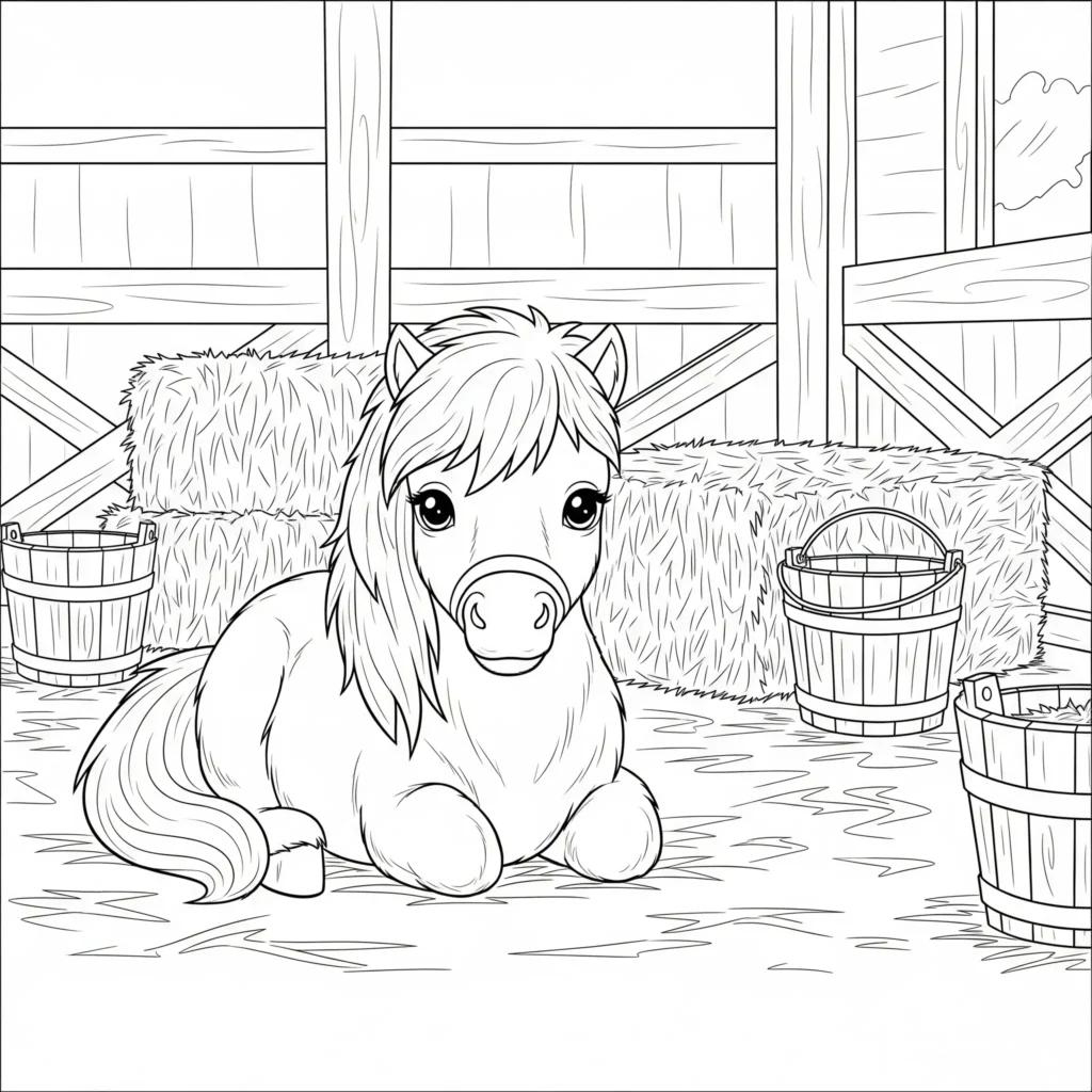 pferde ausmalbilder kinder zeigen ein freundliches pony das entspannt im stall steht als liebevolle vorlage zum ausdrucken