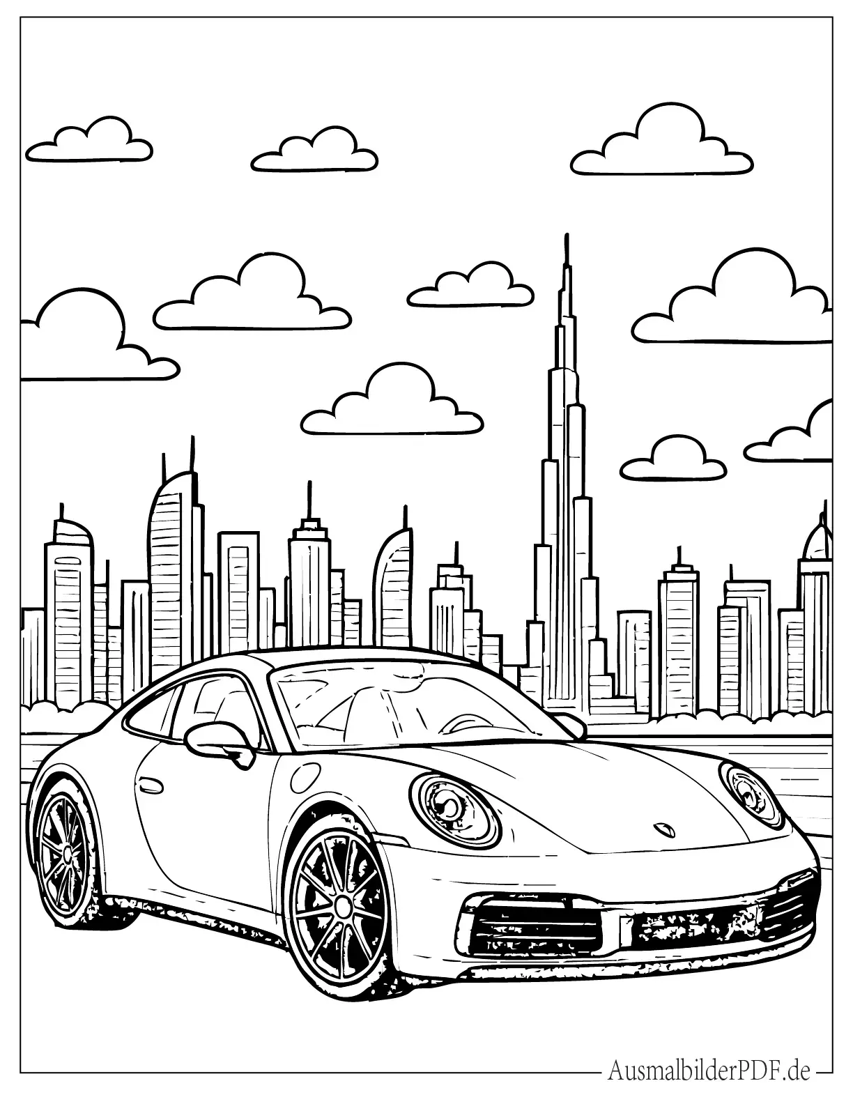 Porsche 911 mit Burj Khalifa im Hintergrund zum Ausmalen